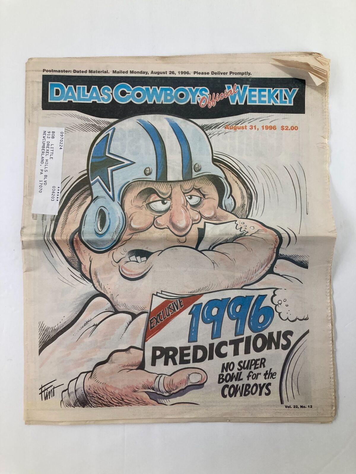 Dallas Cowboys Weekly Newspaper, August 31, 1996, Vol 22 #12 showcasing cartoon art on the front cover with humorous predictions for the team.