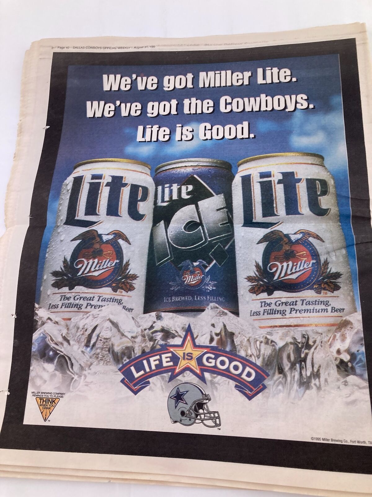 Dallas Cowboys Weekly Newspaper August 31 1996 Vol 22 #12 displaying a promotional advertisement for Miller Lite, emphasizing the connection to the Cowboys.
