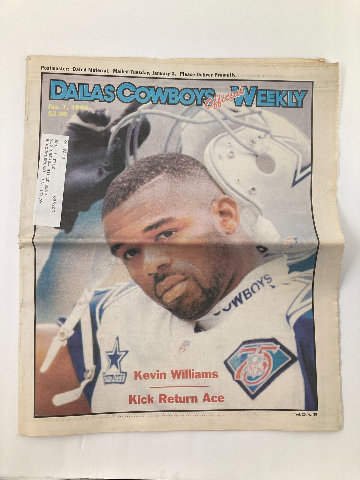 Dallas Cowboys Weekly Newspaper from January 7, 1995, showcasing Kevin Williams with the title Kick Return Ace. This newspaper is folded and includes minor wear.