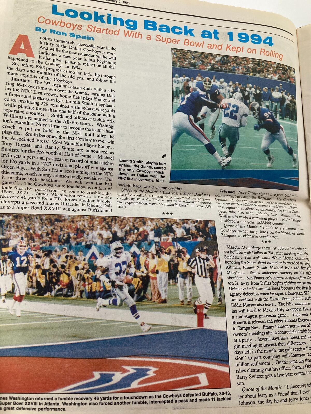 Dallas Cowboys Weekly Newspaper January 7 1995 Vol 20 #30 featuring a recap of the Cowboys' journey to Super Bowl XXVIII, with a focus on the notable gameplay.