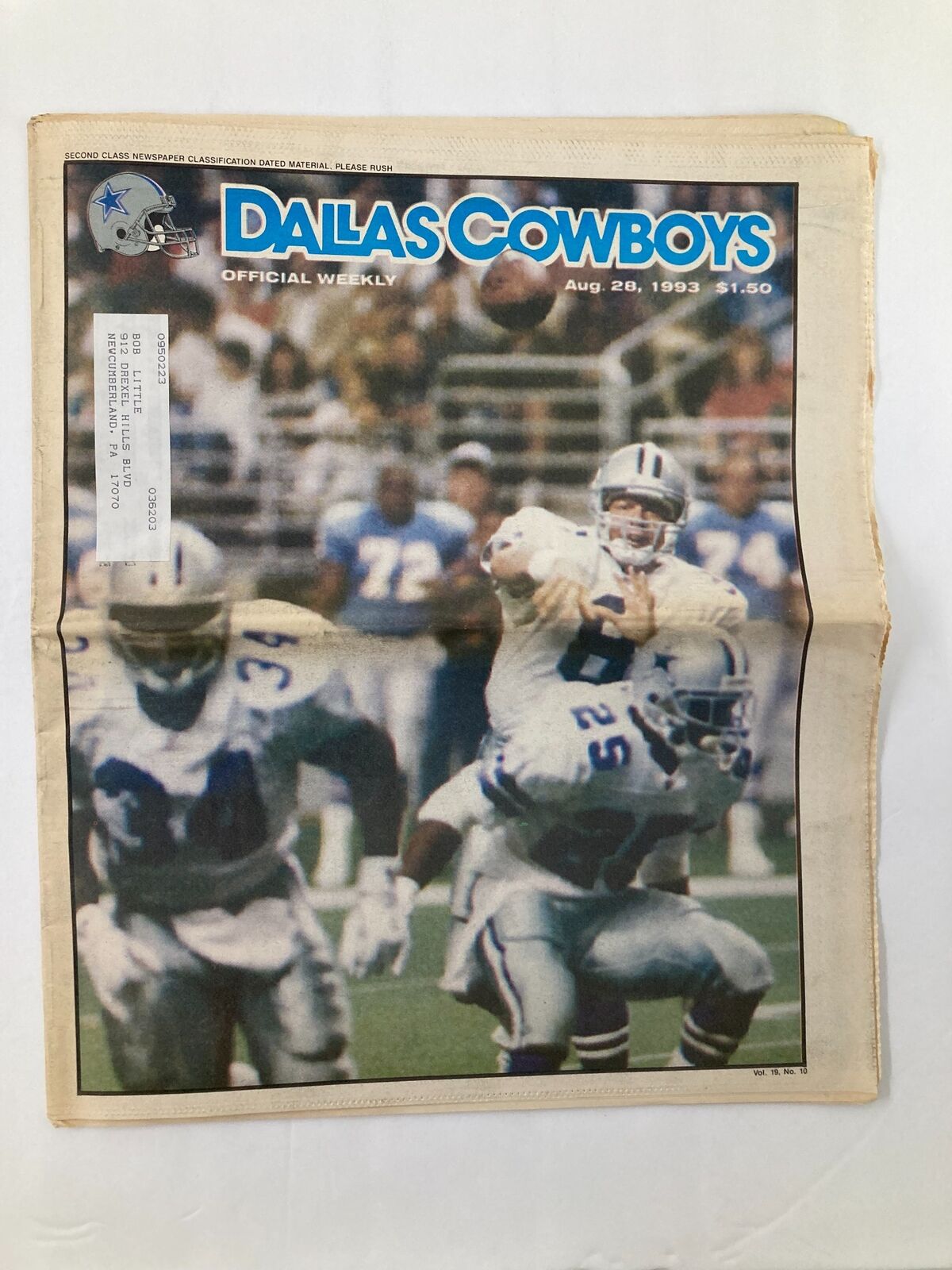 Cover of Dallas Cowboys Weekly Newspaper August 28, 1993, featuring a football player throwing a pass with the title and date visible.