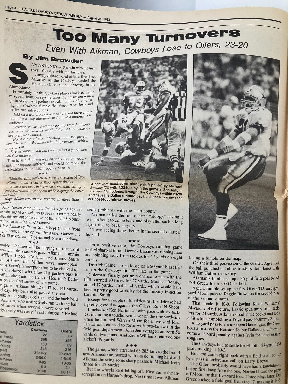 Article page from Dallas Cowboys Weekly Newspaper August 28, 1993, discussing the game's turnovers, including commentary by Jim Browder.