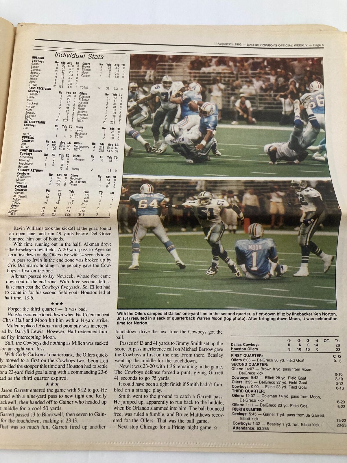 Statistics page from Dallas Cowboys Weekly Newspaper August 28, 1993, featuring individual player stats and action shots of the game.