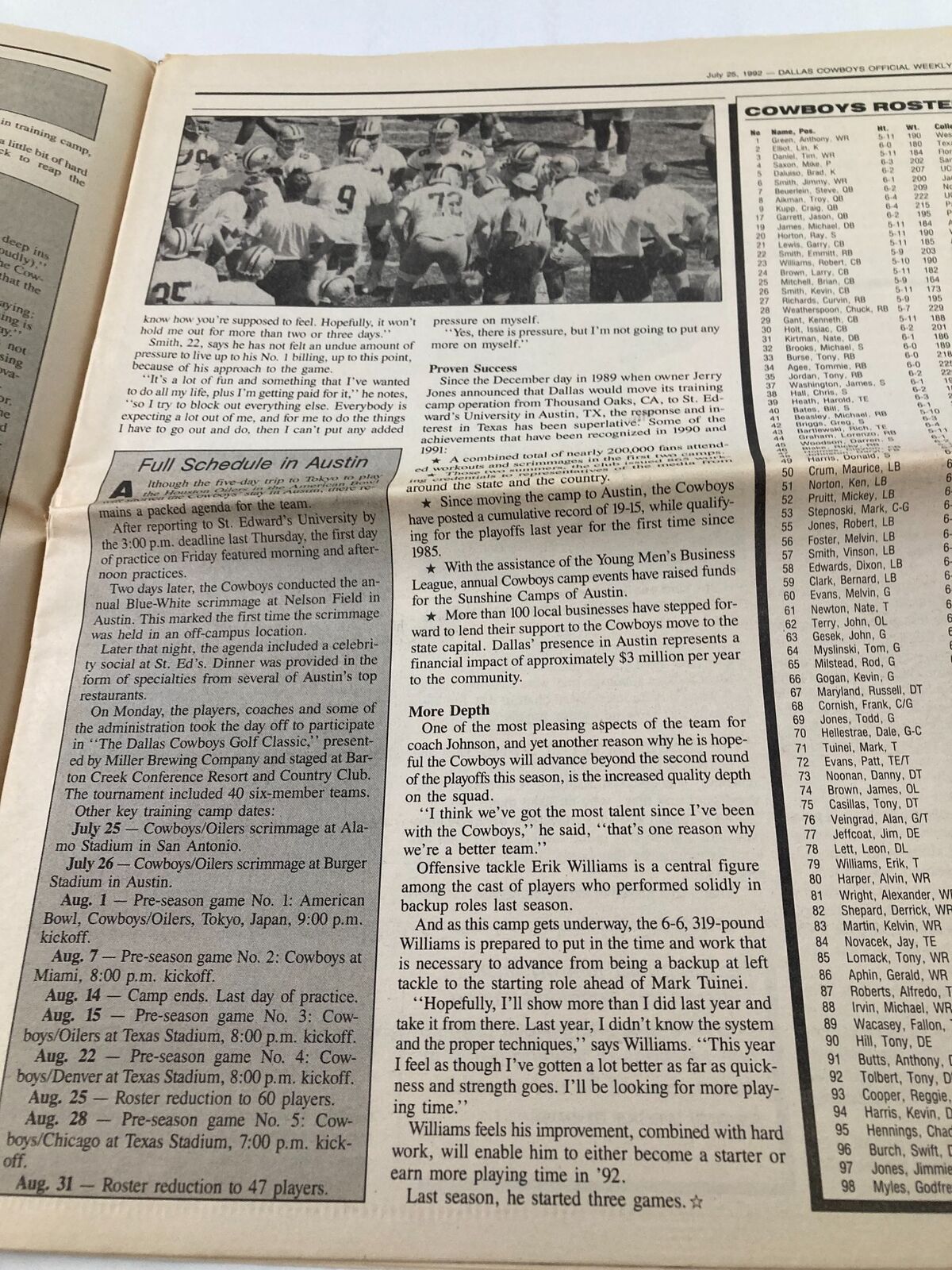 Another page from the Dallas Cowboys Weekly Newspaper dated July 25, 1992, showing the training camp schedule and rosters for the Cowboys.