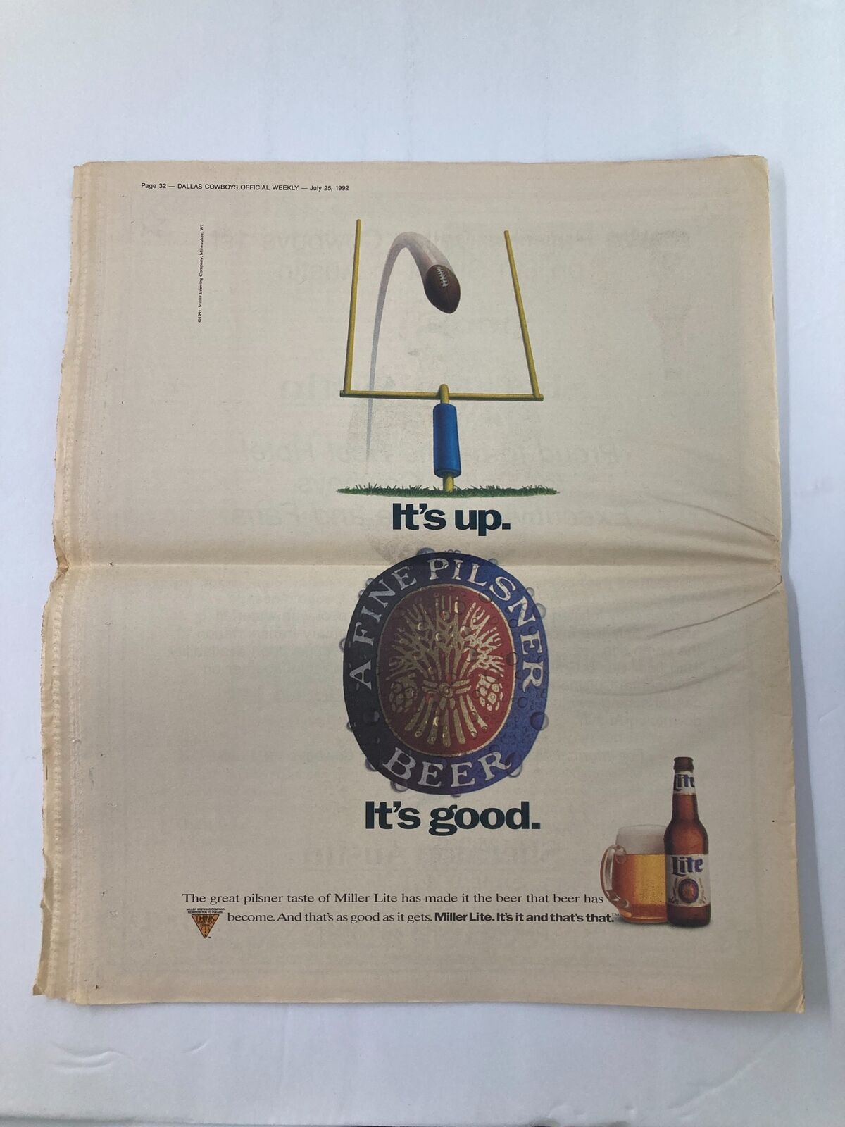 Advertisement from the Dallas Cowboys Weekly Newspaper July 25, 1992, promoting Miller Lite beer with an image of a beer bottle and football goalposts.