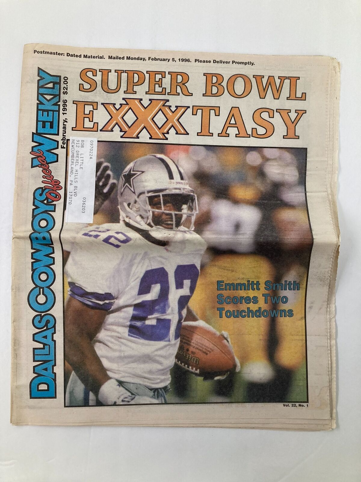 Dallas Cowboys Weekly Newspaper February 1996 Vol 22 #1 featuring Emmitt Smith scoring two touchdowns during Super Bowl. Cover highlights Super Bowl excitement.