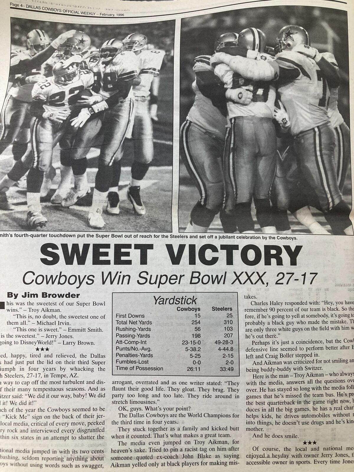 Another inside page of Dallas Cowboys Weekly Newspaper February 1996 Vol 22 #1 detailing Cowboys' victory in Super Bowl XXX with statistics and player highlights.