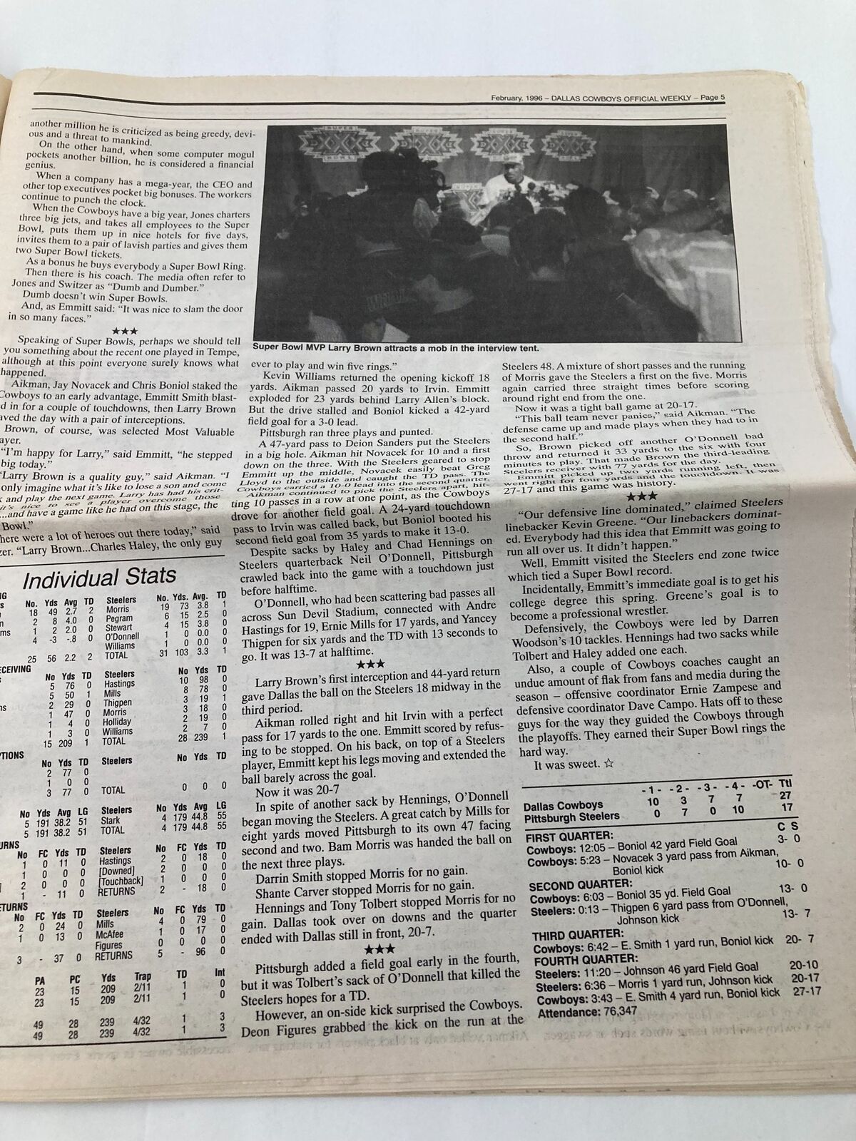 Final page of Dallas Cowboys Weekly Newspaper February 1996 Vol 22 #1 presenting individual player statistics and additional commentary on the Super Bowl performance.