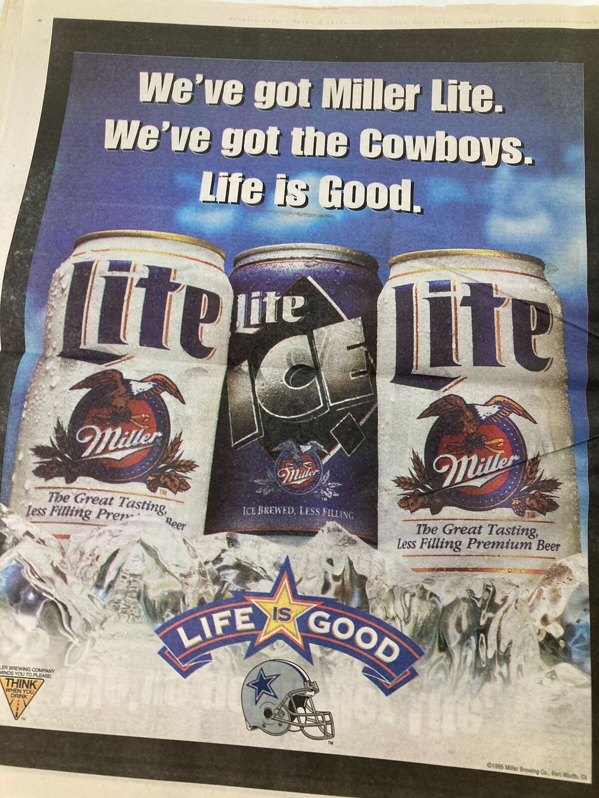 Dallas Cowboys Weekly Newspaper February 1996 Vol 22 #1 featuring an advertisement for Miller Lite beer, showcasing cans of Lite and Lite Ice, with the text 'We've got Miller Lite. We've got the Cowboys. Life is Good.'