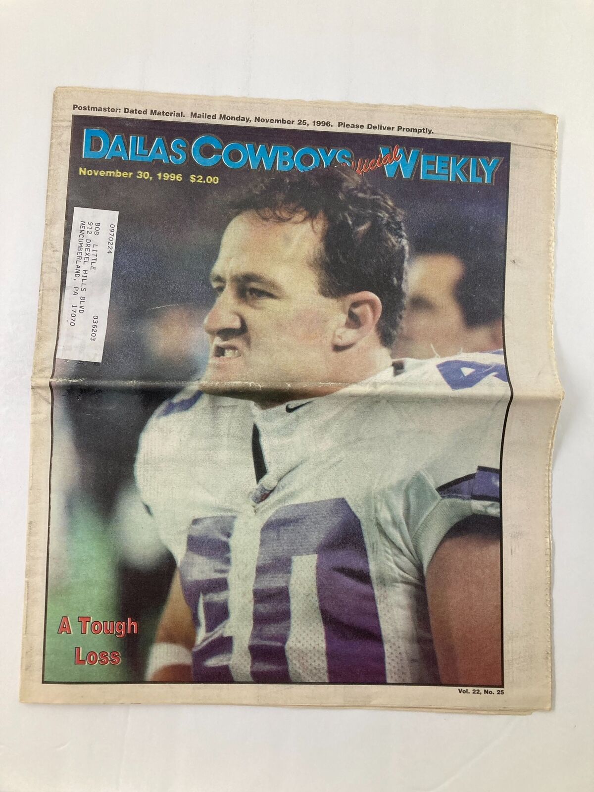 Dallas Cowboys Weekly Newspaper November 30 1996 Vol 22 #25 featuring Daryl Johnston on the cover with the headline 'A Tough Loss'. This vintage publication showcases the team’s performance.
