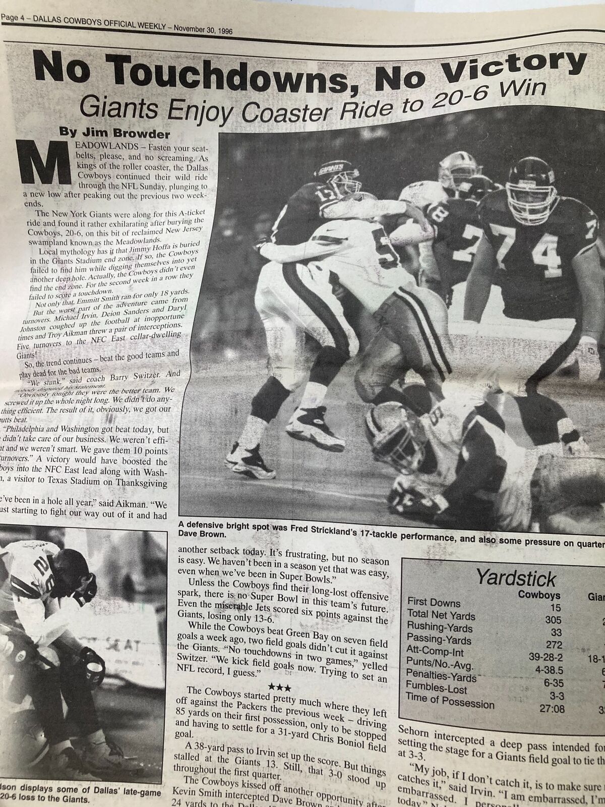 Article page from the Dallas Cowboys Weekly Newspaper November 30 1996 Vol 22 #25, discussing the Cowboys vs. Giants game outcome with commentary on player performances including a summary of key plays.