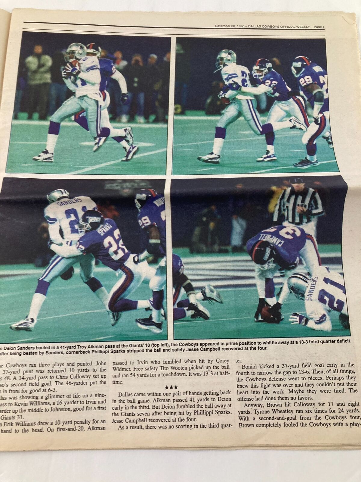 Dallas Cowboys Weekly Newspaper November 30 1996 Vol 22 #25 Daryl Johnston featuring a play with Deion Sanders and Troy Aikman against the New England Patriots, showcasing Cowboys in action during a game.
