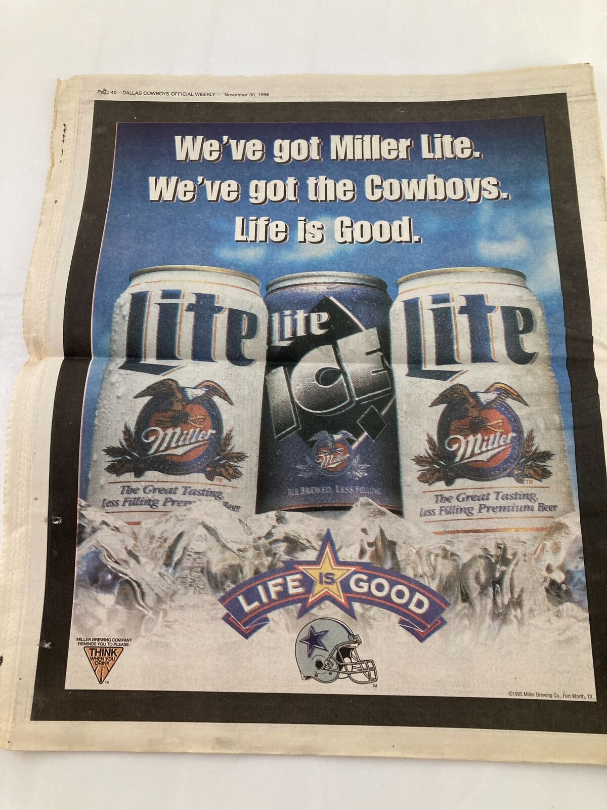 Dallas Cowboys Weekly Newspaper November 30 1996 Vol 22 #25 Daryl Johnston featuring a Miller Lite advertisement with Cowboys branding, promoting Miller Lite beer, underlining the slogan 'Life is Good'.