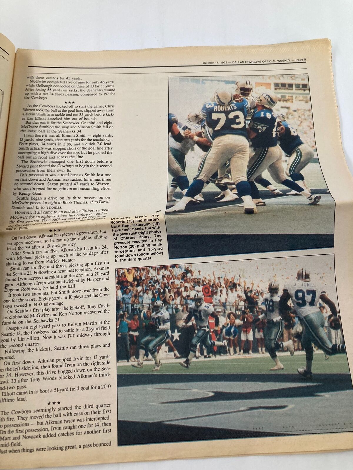 Dallas Cowboys Weekly Newspaper October 17 1992 Vol 18 #18 Emmitt Smith displaying detailed game plays and strategies during the Cowboys vs Seahawks match.
