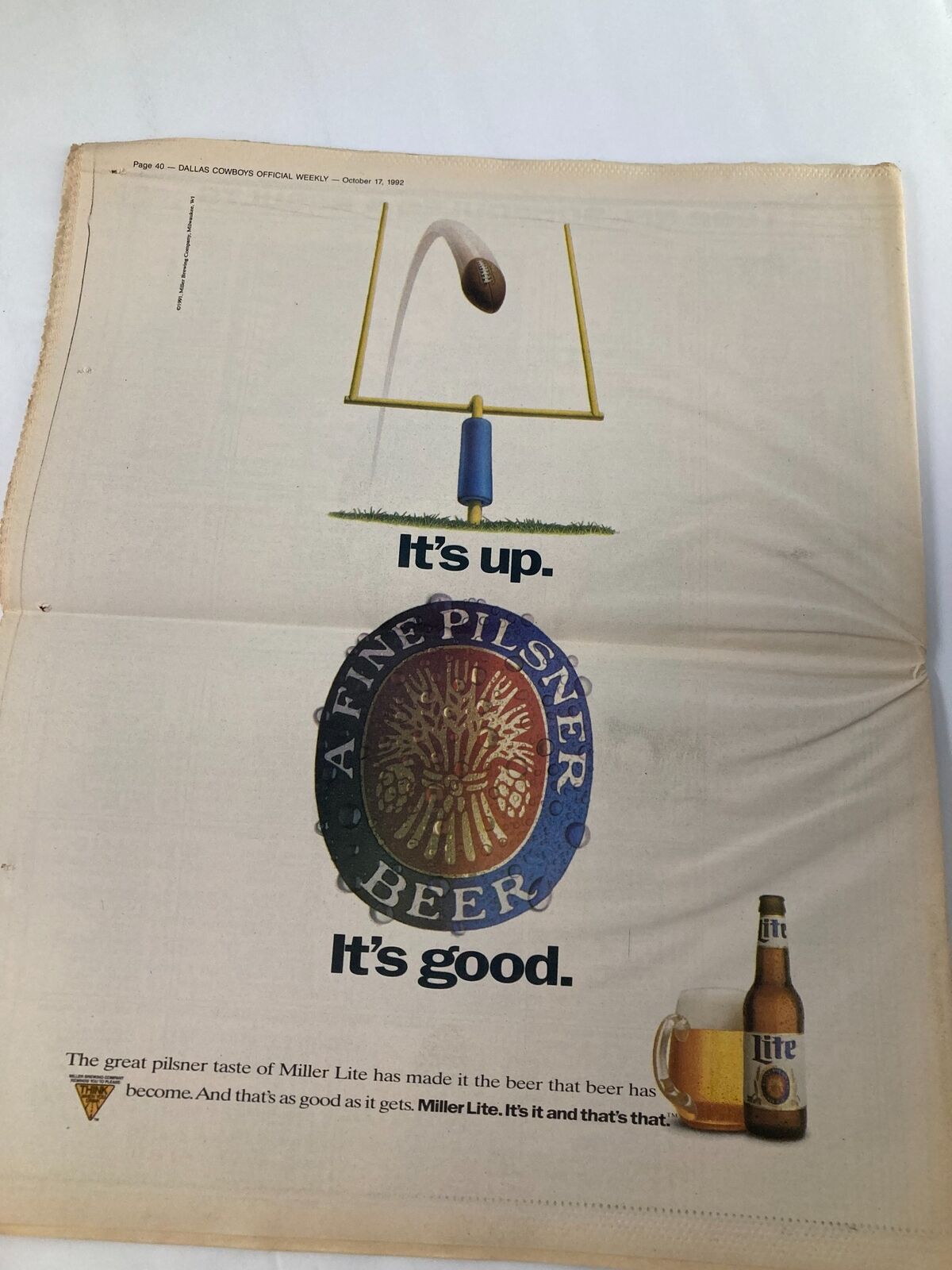 Dallas Cowboys Weekly Newspaper October 17 1992 Vol 18 #18 Emmitt Smith featuring an advertisement for Miller Lite beer alongside football imagery.