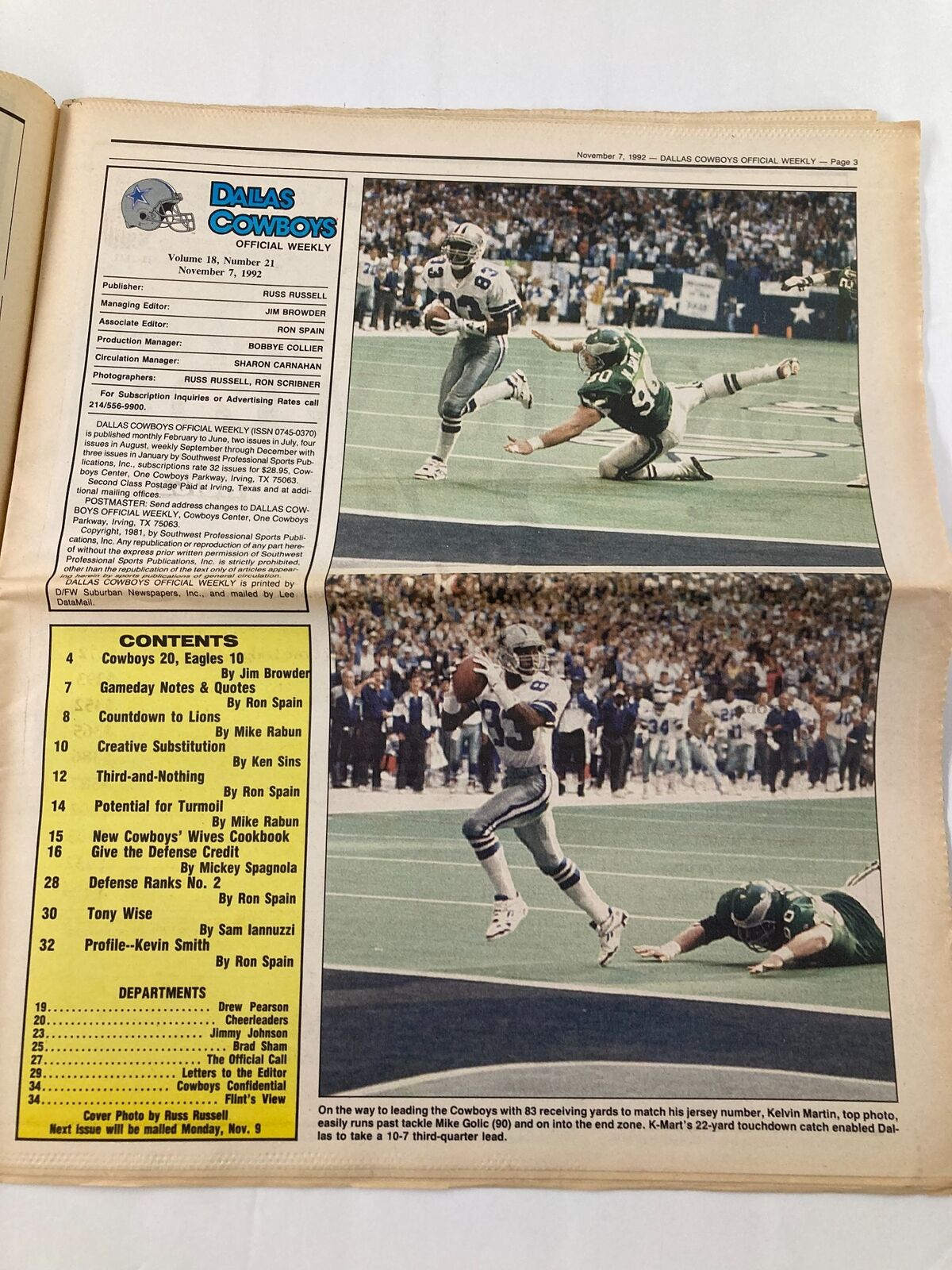 Dallas Cowboys Weekly Newspaper November 7 1992 Vol 18 #21 displaying highlights from the Cowboys vs Eagles game with a focus on a player making a catch during the match.
