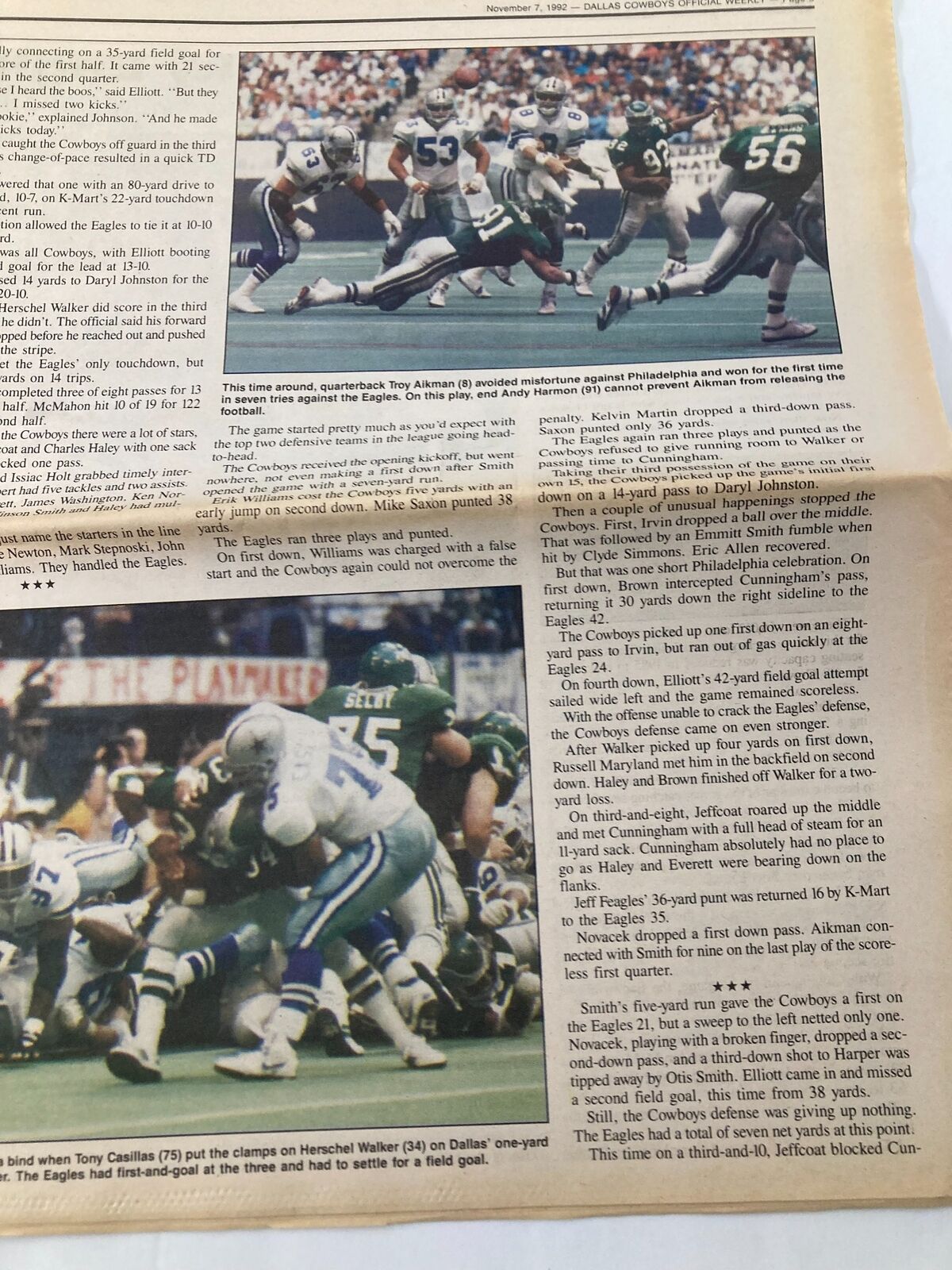 Dallas Cowboys Weekly Newspaper November 7 1992 Vol 18 #21 showcasing game highlights, including defensive plays by the Cowboys against the Eagles.