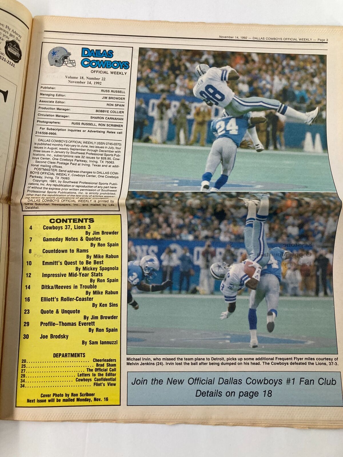 Dallas Cowboys Weekly Newspaper November 14 1992 showing action shots of players Leon Lett and Jim Jeffcoat during a game.