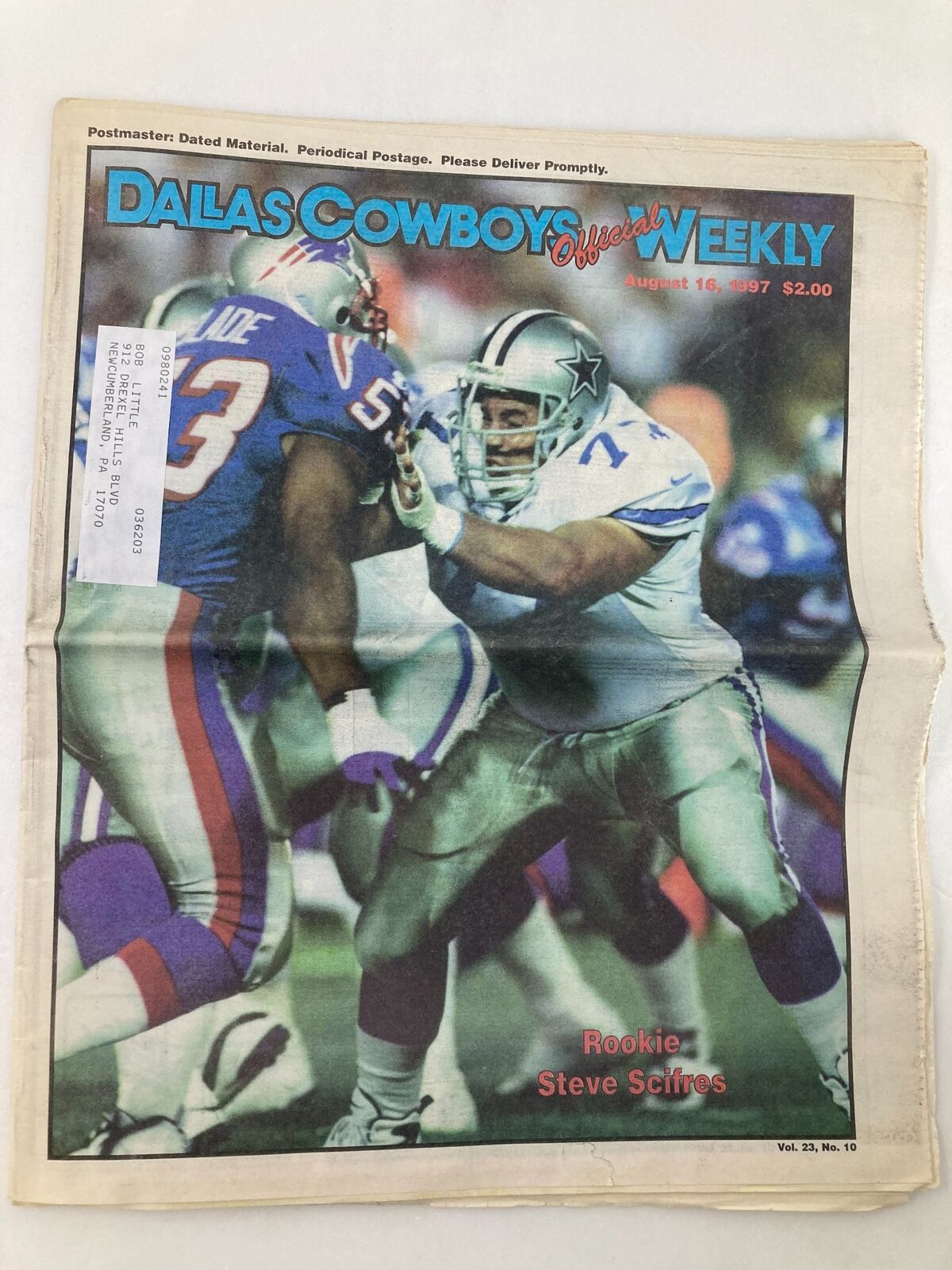 Cover of Dallas Cowboys Weekly Newspaper dated August 16, 1997, featuring rookie Steve Scifres in action on the field. Volume 23, Number 10.