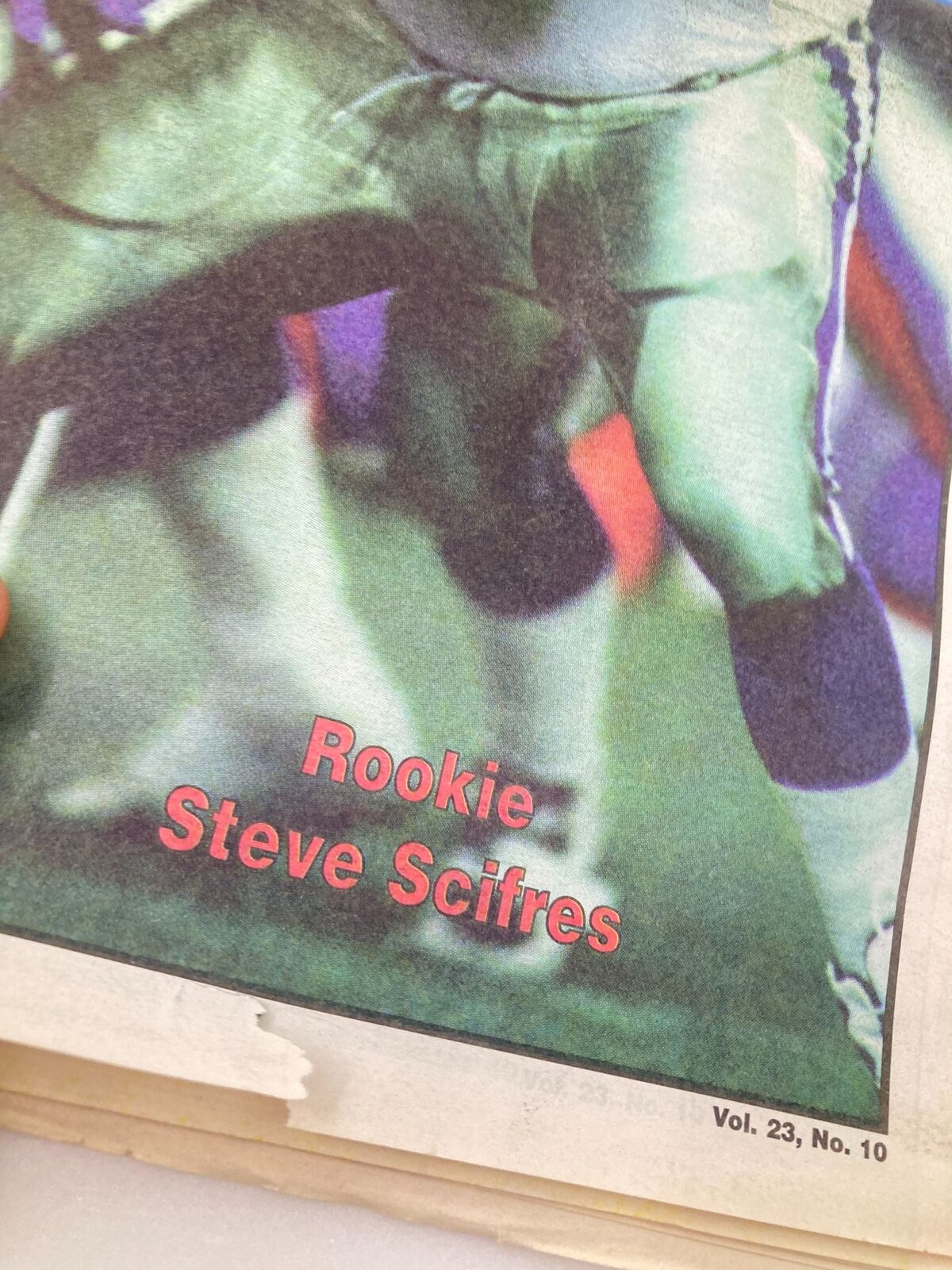 Close-up of the text from the Dallas Cowboys Weekly newspaper stating 'Rookie Steve Scifres' from the August 16, 1997 issue, Volume 23, Number 10.