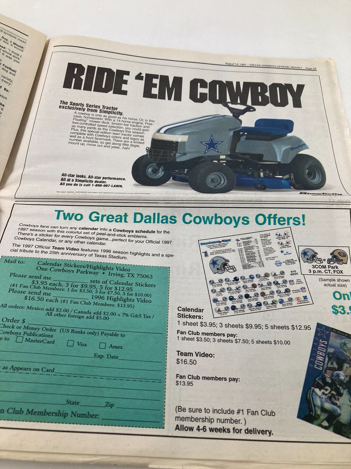 Advertisement in the Dallas Cowboys Weekly Newspaper from August 16, 1997, promoting Dallas Cowboys offers, including calendar sheets, Volume 23, Number 10.