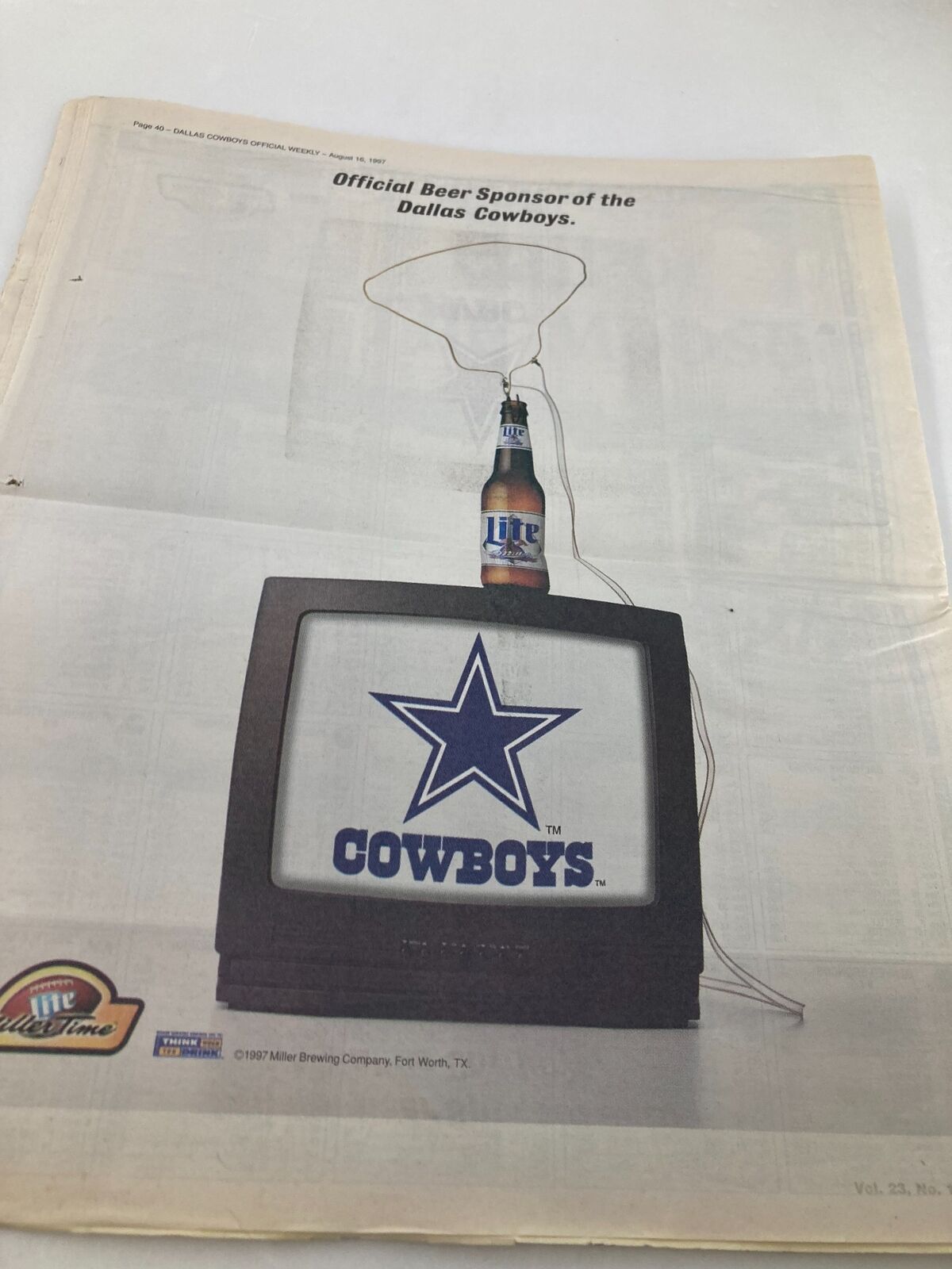Advertisement in the Dallas Cowboys Weekly Newspaper dated August 16, 1997, featuring a Miller Brewing Company ad with the Dallas Cowboys logo, Volume 23, Number 10.