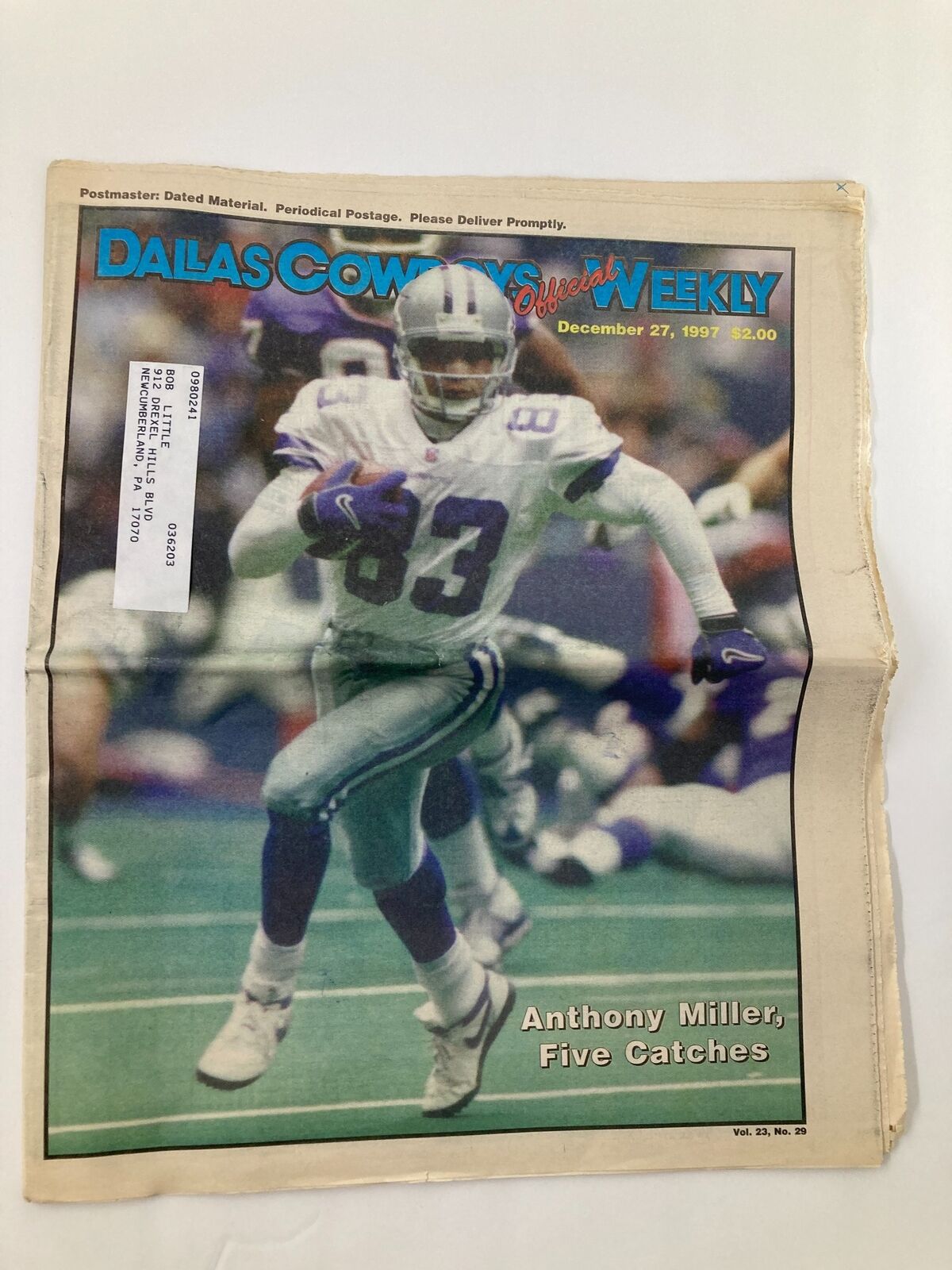 Front cover of Dallas Cowboys Weekly newspaper dated December 27, 1997, featuring Anthony Miller with the headline 'Anthony Miller, Five Catches' in good condition.