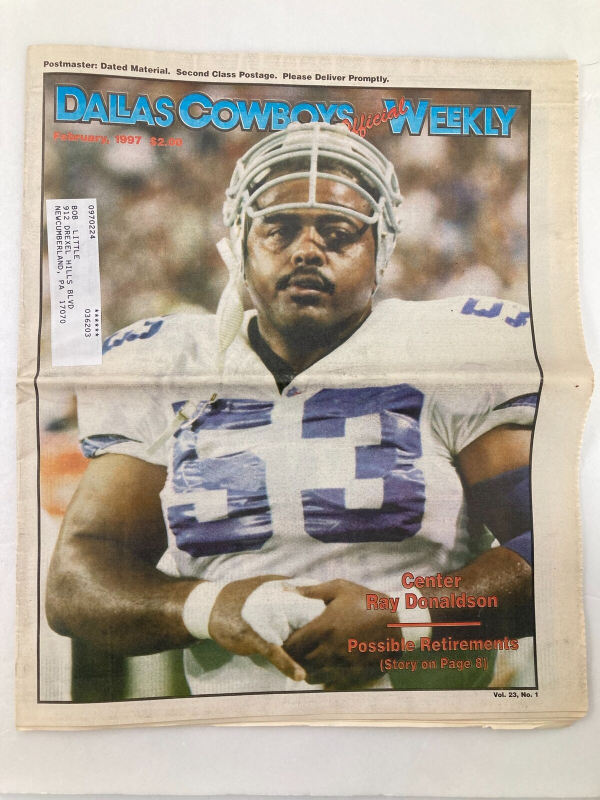 Cover of Dallas Cowboys Weekly Newspaper from February 1997 featuring Center Ray Donaldson, Vol 23 #1.