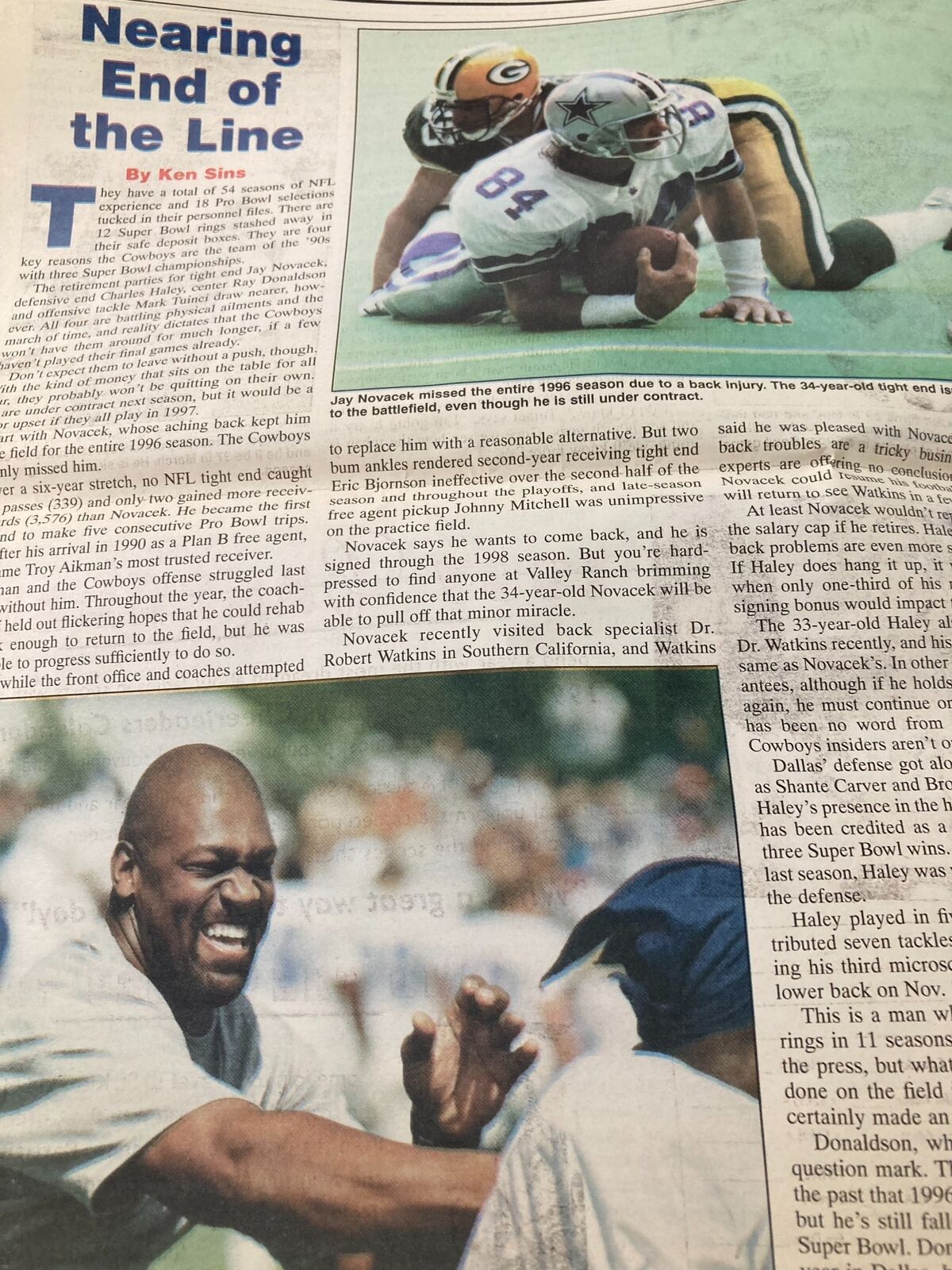Article page from Dallas Cowboys Weekly Newspaper discussing player injuries and team dynamics, February 1997.