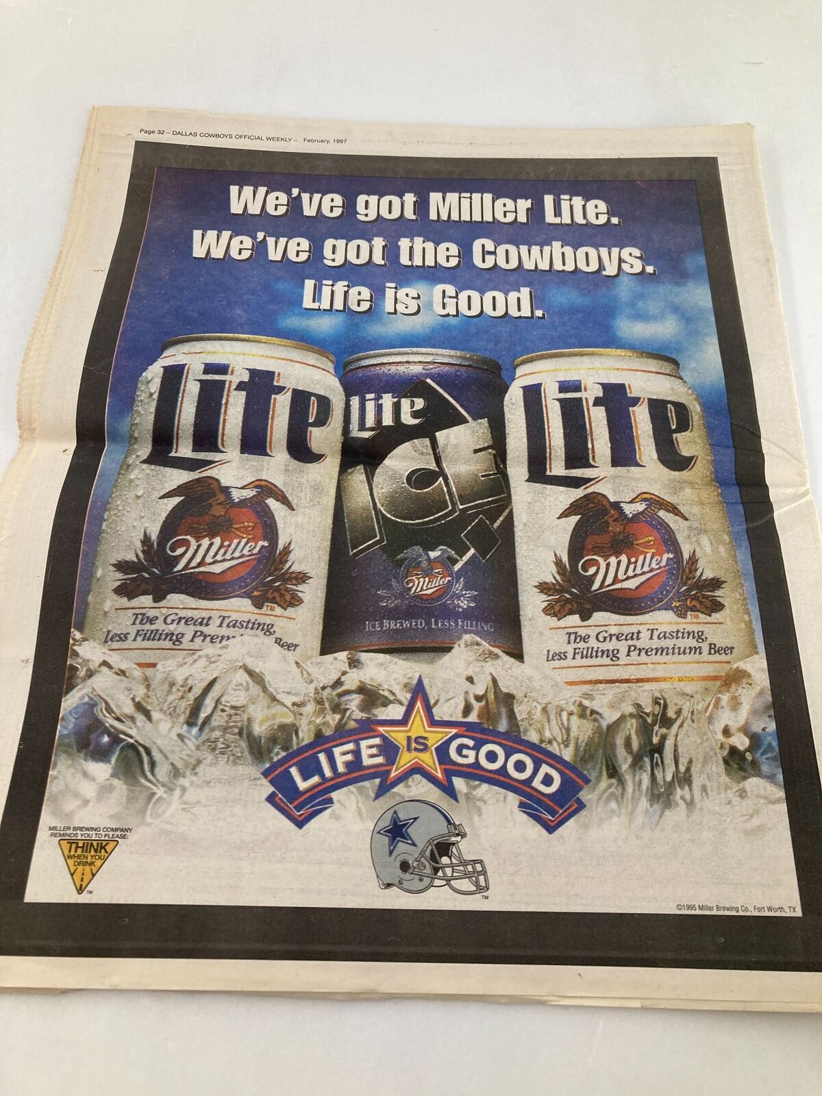 Advertisement for Miller Lite in the Dallas Cowboys Weekly Newspaper, promoting beer alongside Dallas Cowboys branding, February 1997.