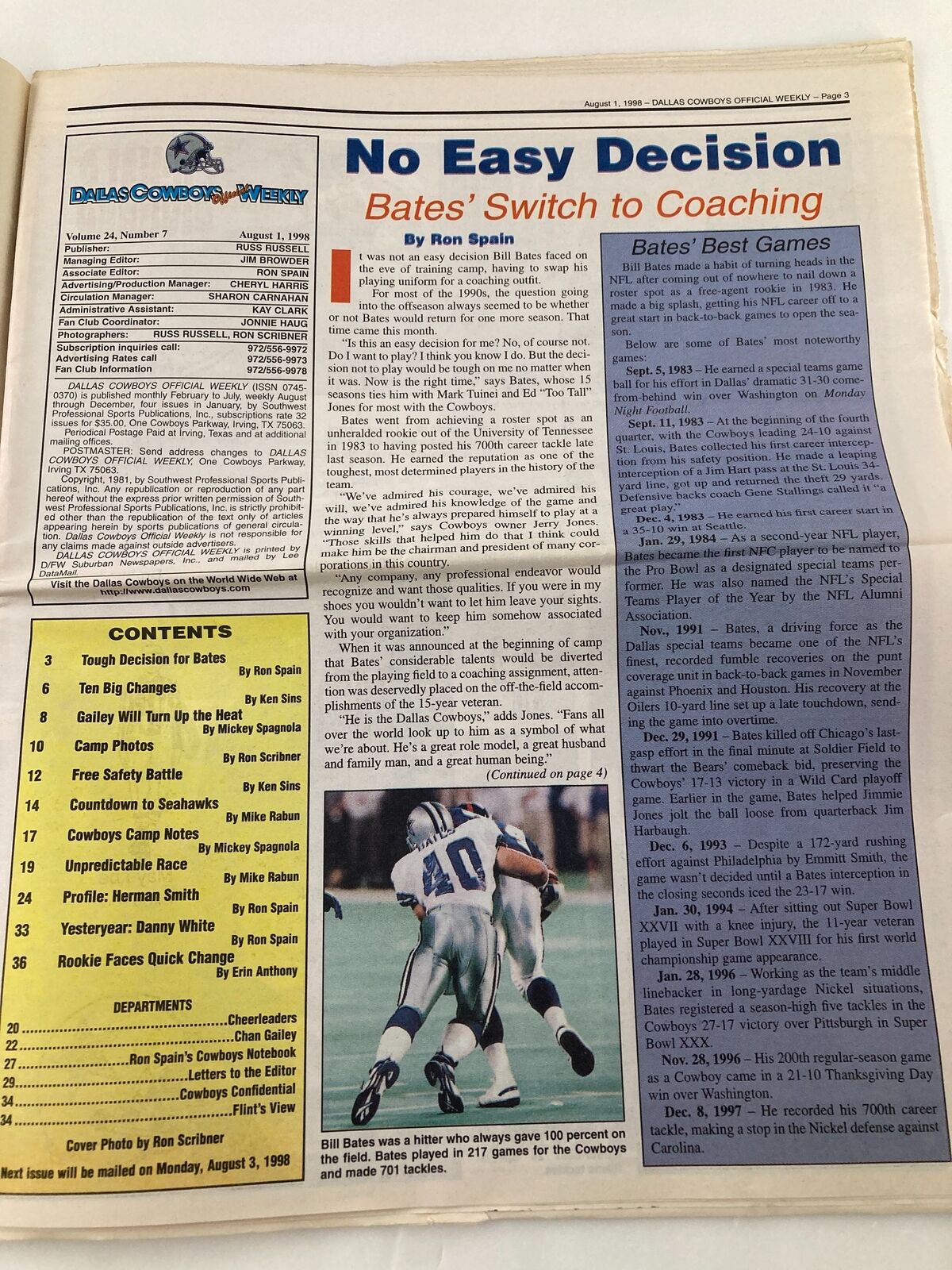 Inside page of Dallas Cowboys Weekly Newspaper August 1 1998 Vol 24 #7, featuring an article titled 'No Easy Decision' discussing Bill Bates's switch to coaching and his best games.
