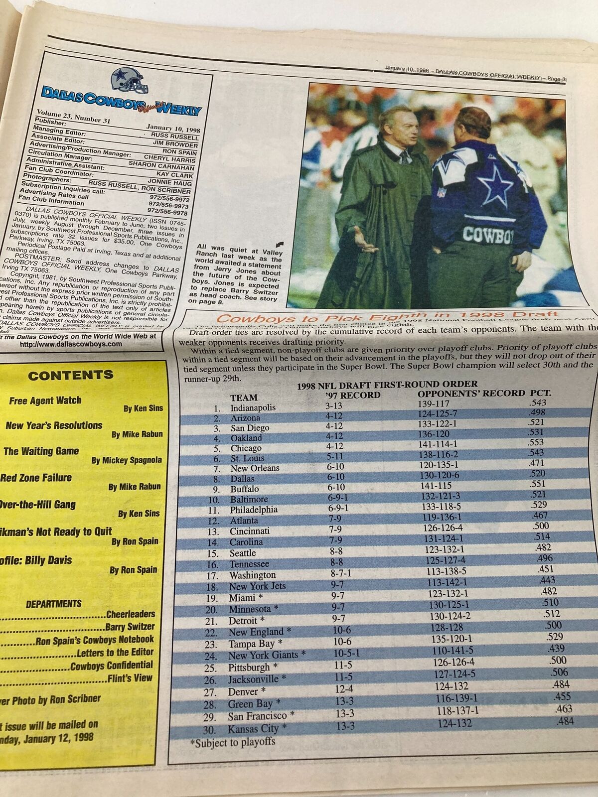 Inside page of the Dallas Cowboys Weekly Newspaper January 10 1998 Vol 23 #31, featuring content including team statistics and draft order.