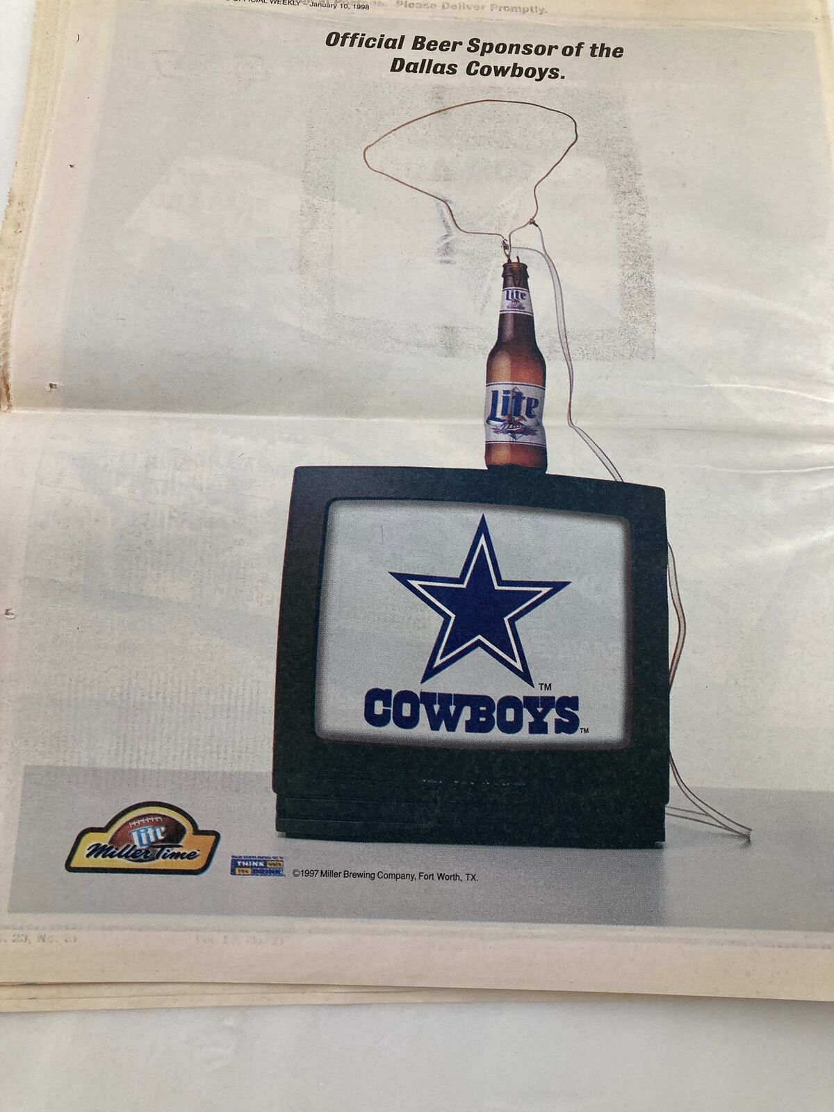 Advertisement from the Dallas Cowboys Weekly Newspaper January 10 1998 Vol 23 #31 promoting Miller beer as the official beer sponsor of the Dallas Cowboys.