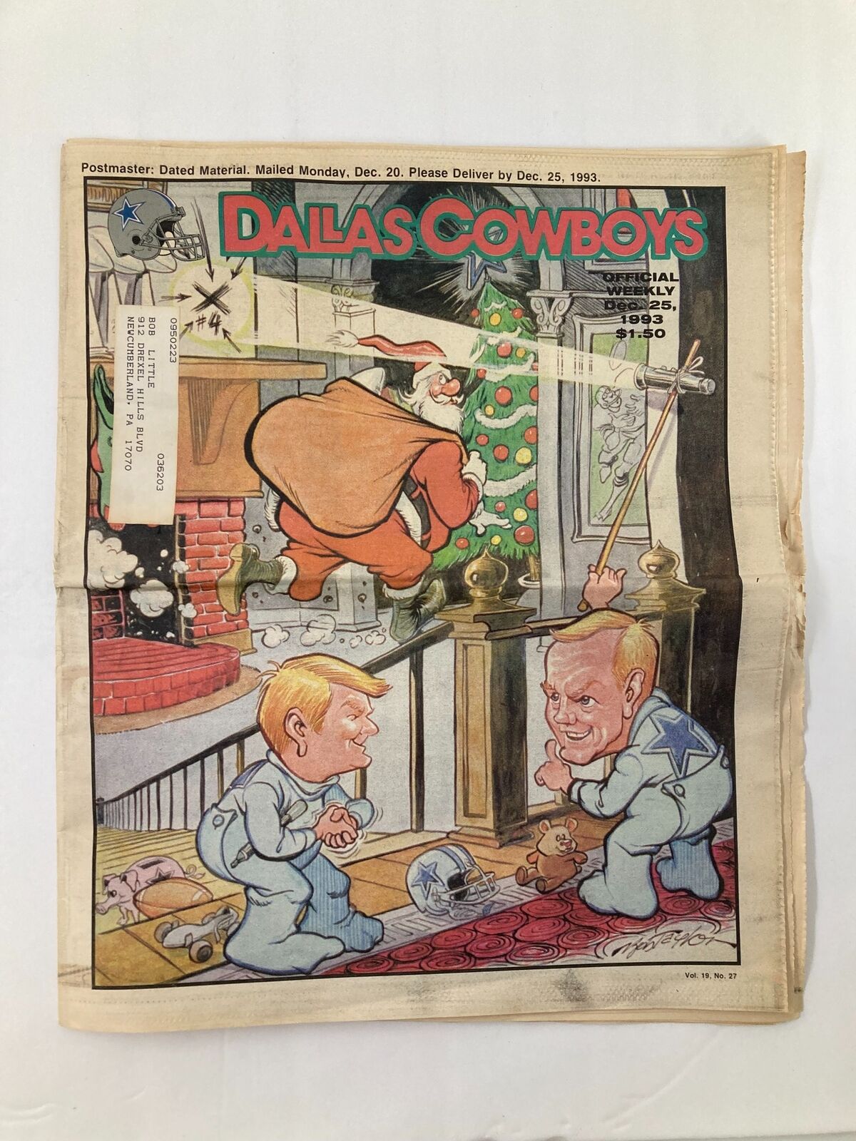 Cover of Dallas Cowboys Weekly Newspaper December 25 1993 Vol 19 #27 featuring a cartoon depicting Santa Claus and two children with a Christmas tree.