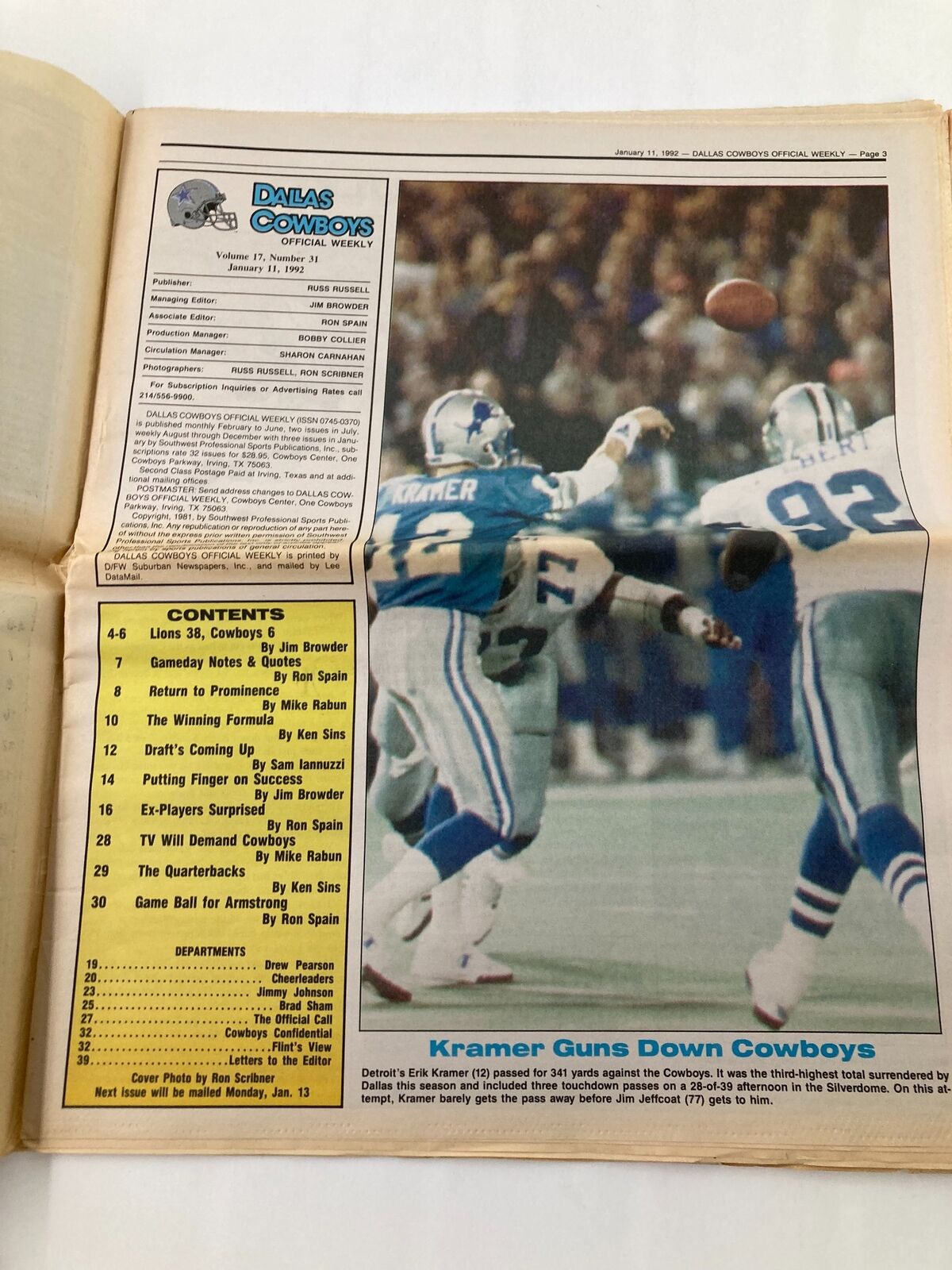 Dallas Cowboys Weekly Newspaper January 11 1992 Vol 17 #31 featuring a moment from a game with players in action, highlighting Jim Jeffcoat.