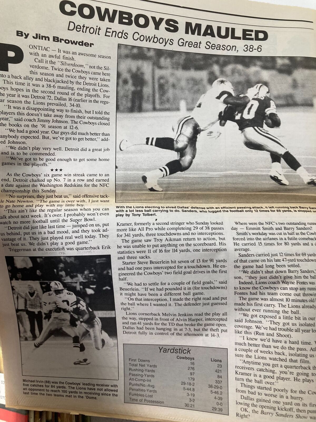 Dallas Cowboys Weekly Newspaper January 11 1992 Vol 17 #31 with an article titled 'COWBOYS MAULED', detailing a game against the Detroit Lions.