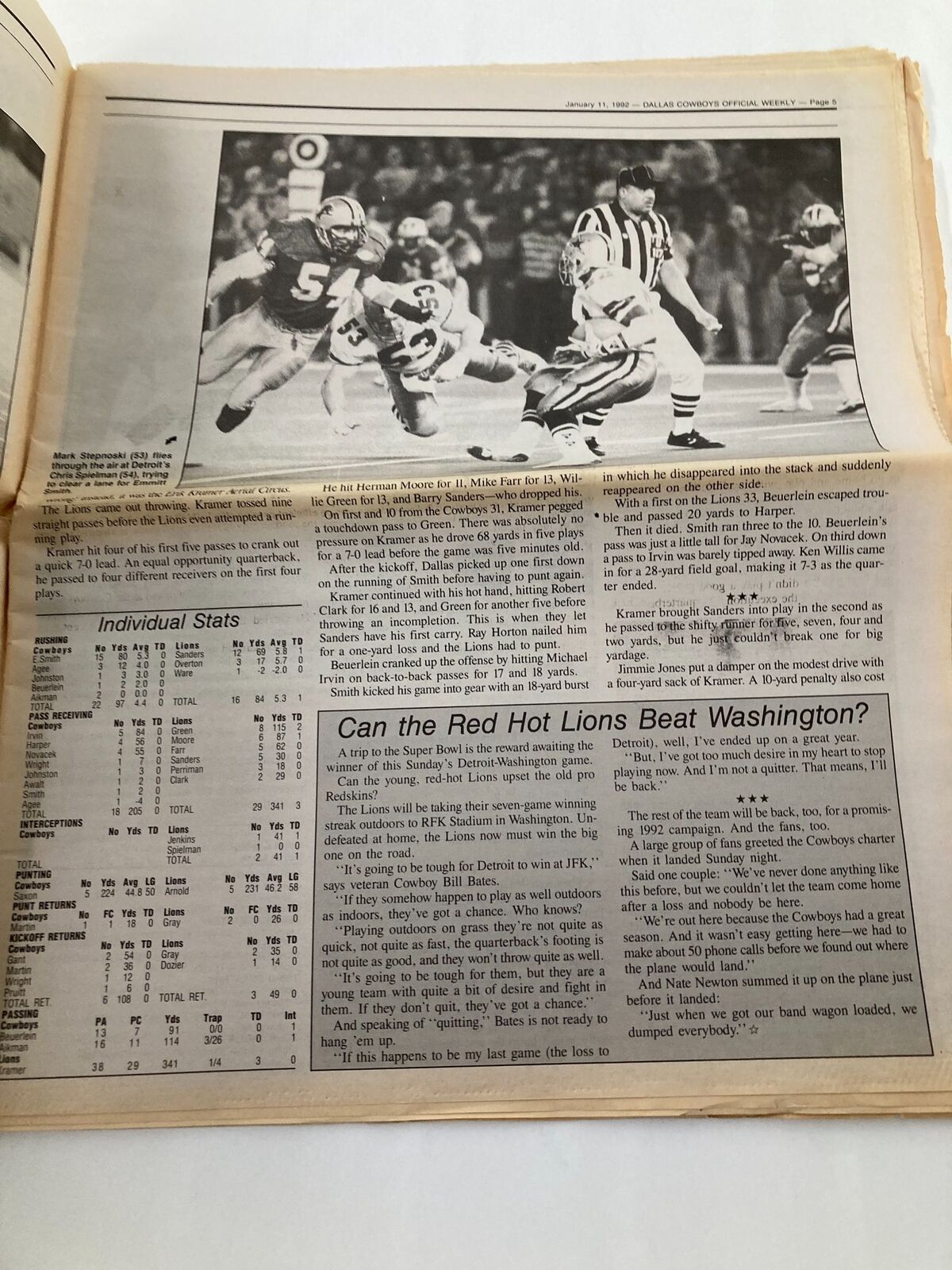 Dallas Cowboys Weekly Newspaper January 11 1992 Vol 17 #31 showcasing a game statistic page, including player performances and stats.