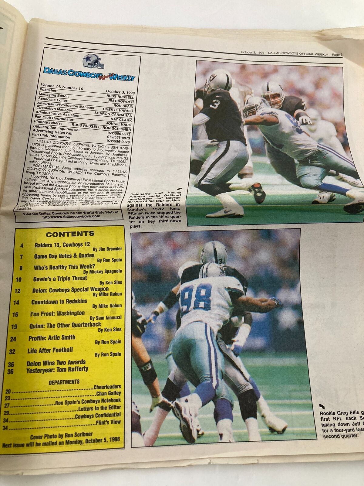Inside page of the Dallas Cowboys Weekly Newspaper October 3 1998 Vol 24 #16 displaying game highlights and player statistics, featuring Billy Davis with his notable plays.