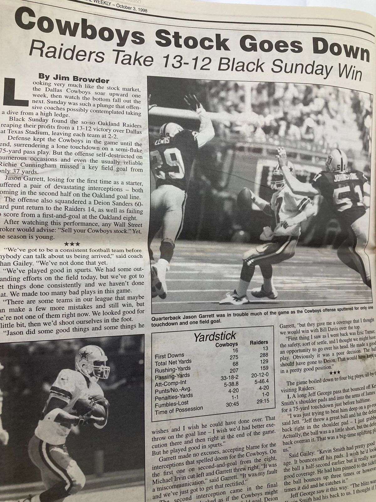 Dallas Cowboys Weekly Newspaper October 3 1998 Vol 24 #16 featuring an article titled 'Cowboys Stock Goes Down' about the game against the Raiders, including quarterback plans and game statistics.
