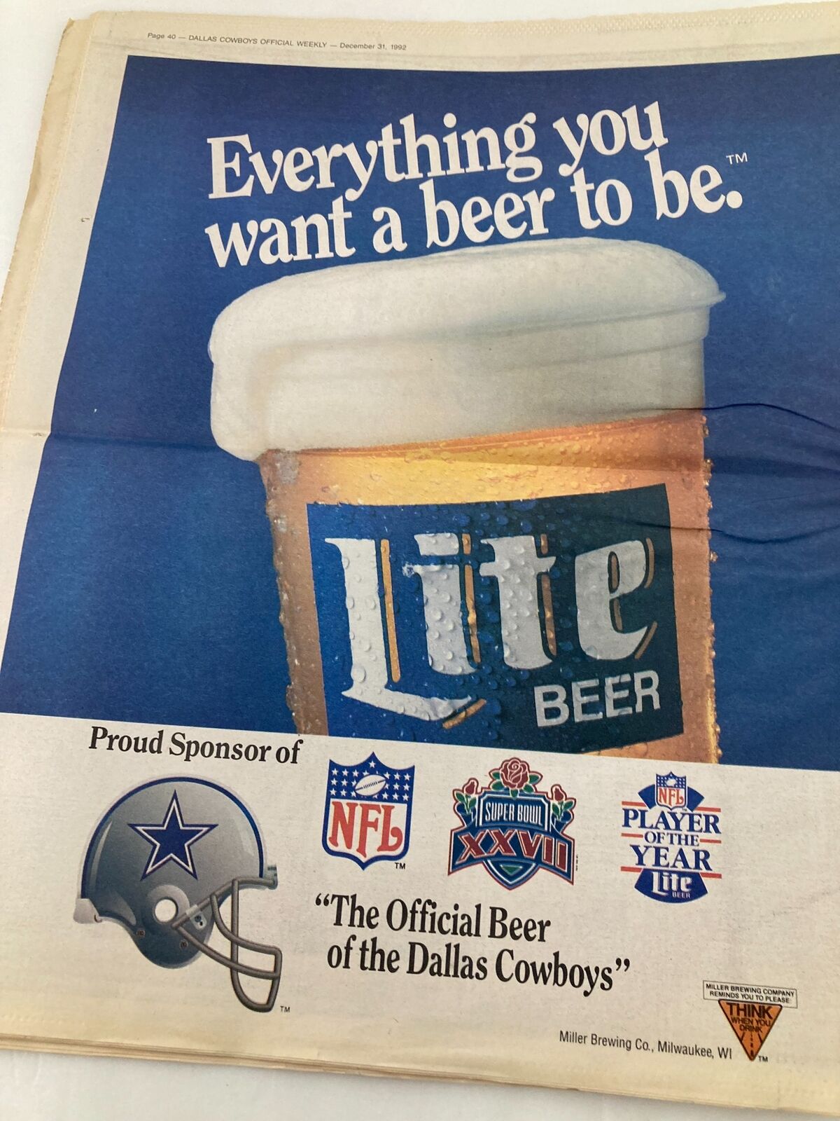 Advertisement for Lite Beer in the Dallas Cowboys Weekly Newspaper December 31 1992, featuring the Dallas Cowboys logo and Super Bowl references.
