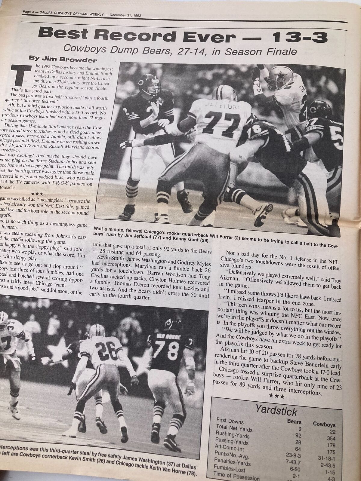 Action shot in the Dallas Cowboys Weekly Newspaper December 31 1992 showcasing a play from the game against the Chicago Bears, featuring player statistics.