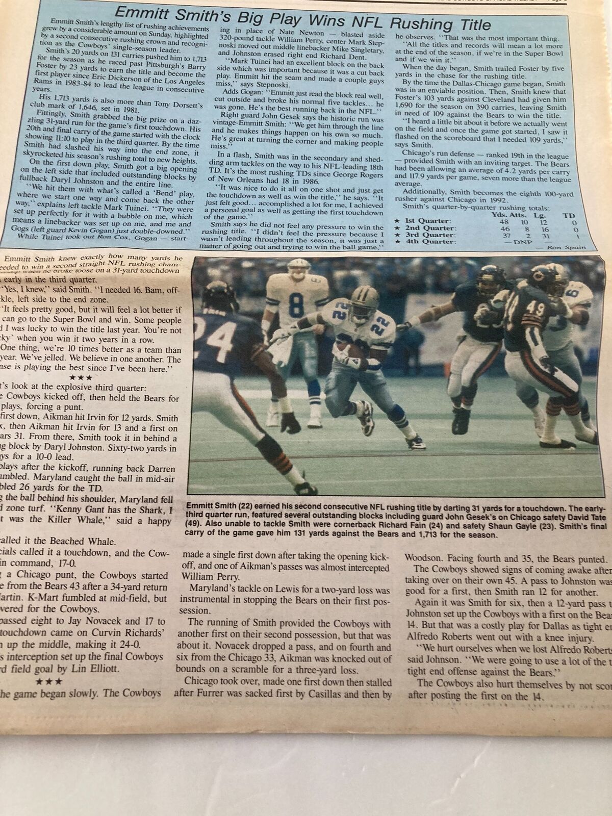 Article about Emmitt Smith in the Dallas Cowboys Weekly Newspaper December 31 1992, detailing his achievements and performance statistics from the NFL season.