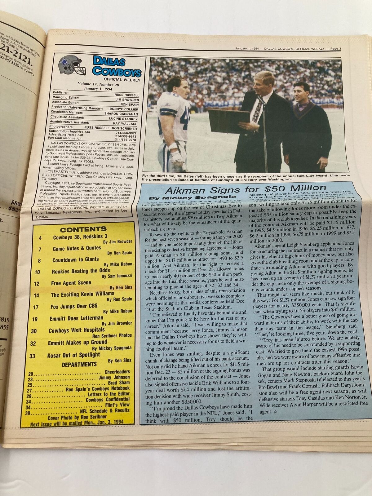 Dallas Cowboys Weekly Newspaper January 1 1994 Vol 19 #28 featuring an article on Aikman signing for $50 million, with photos of players and game highlights.