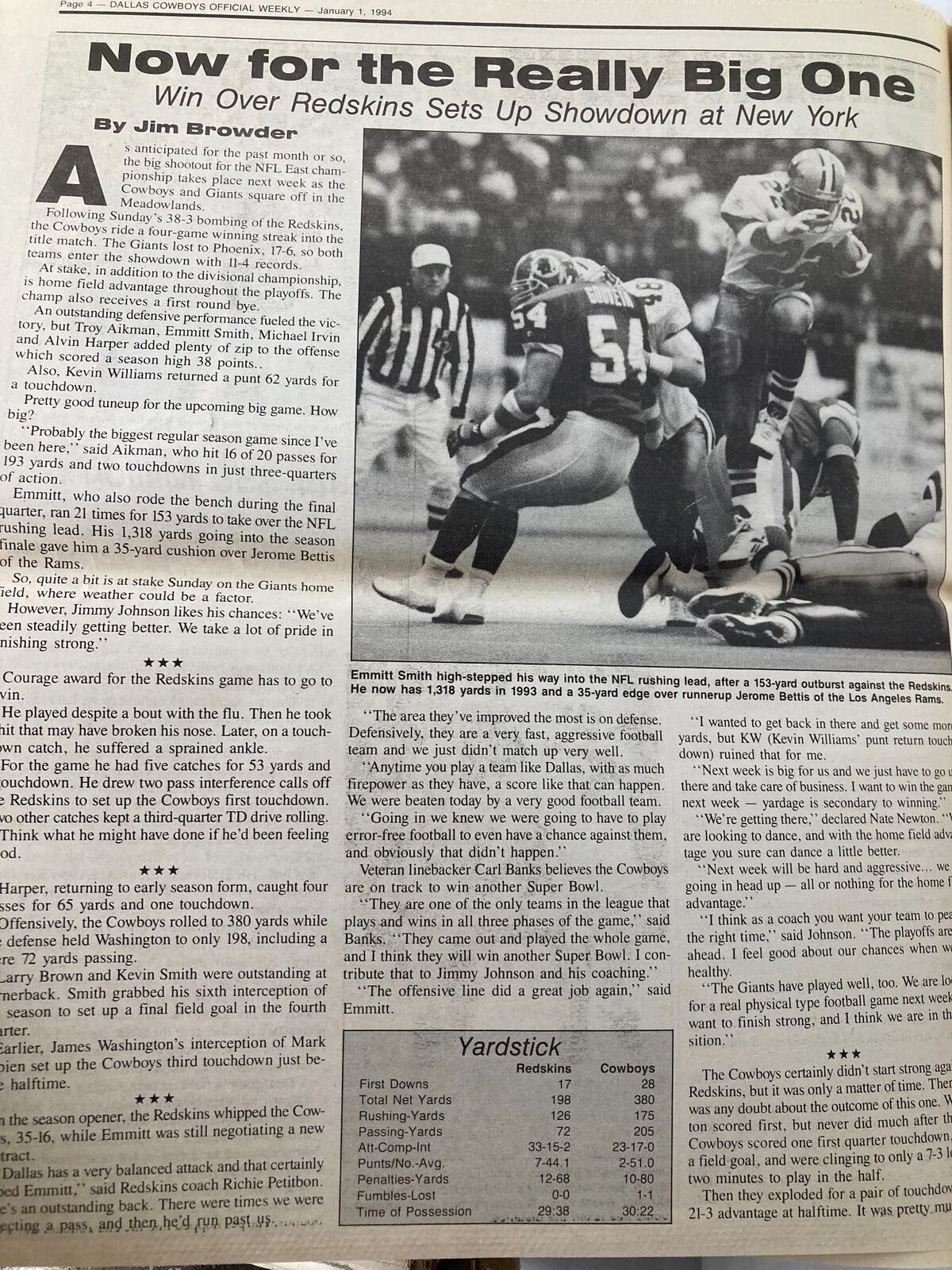 Dallas Cowboys Weekly Newspaper January 1 1994 Vol 19 #28 includes an article titled 'Now for the Really Big One' detailing the Cowboys' victory over the Redskins, with game statistics and insights.