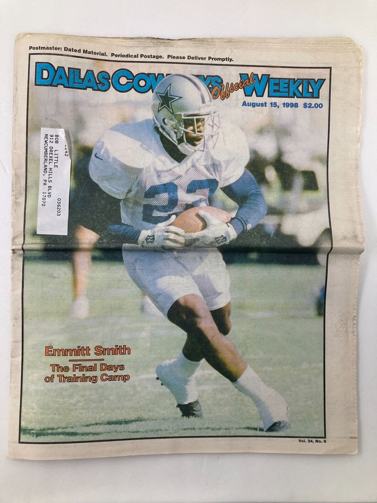 Dallas Cowboys Weekly Newspaper August 15 1998 Vol 24 #9 featuring Emmitt Smith in action during training camp.