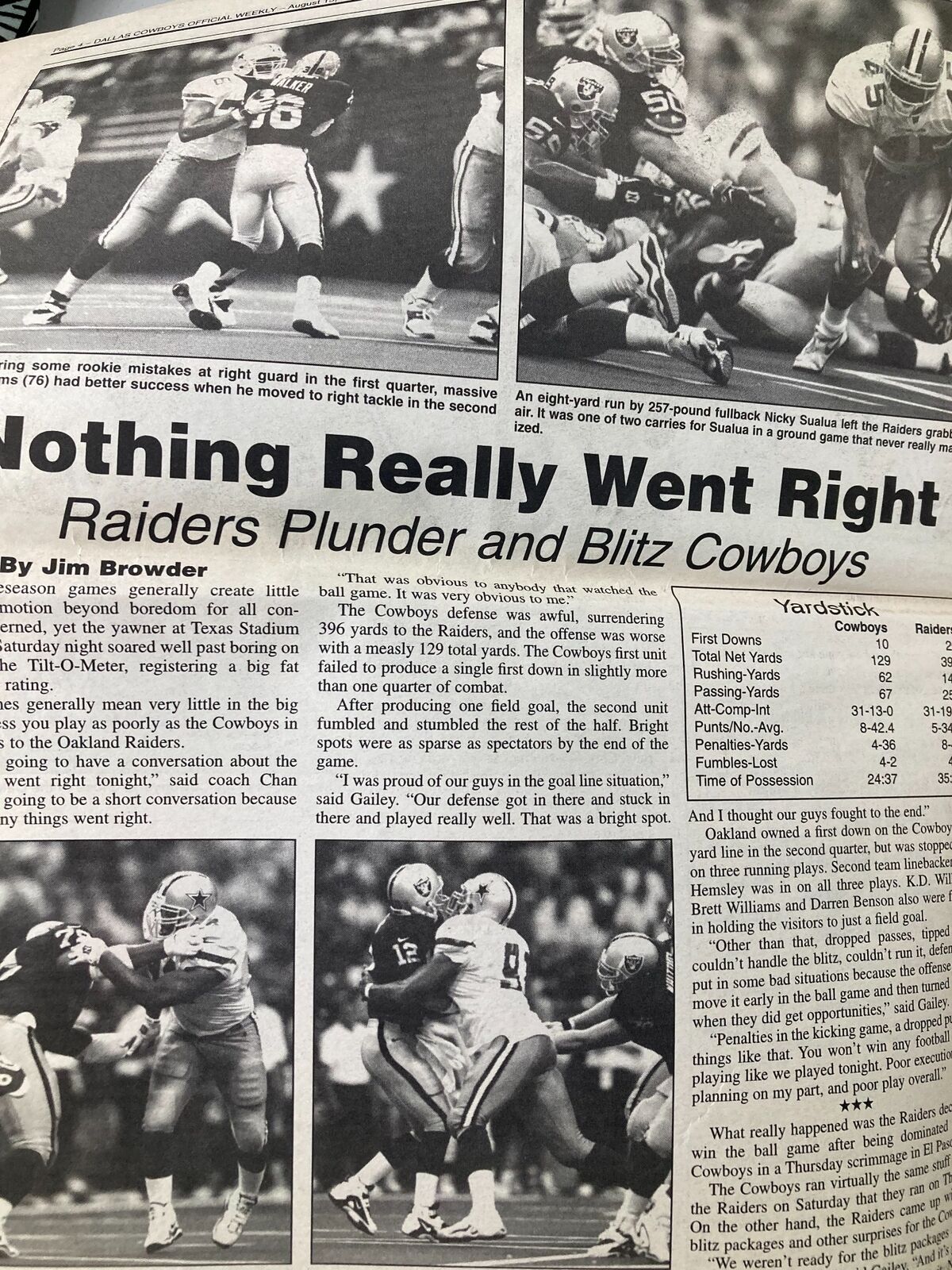 Dallas Cowboys Weekly Newspaper August 15 1998 Vol 24 #9 featuring an article titled 'Nothing Really Went Right' discussing the game between the Raiders and Cowboys. Image includes players in action on the field.