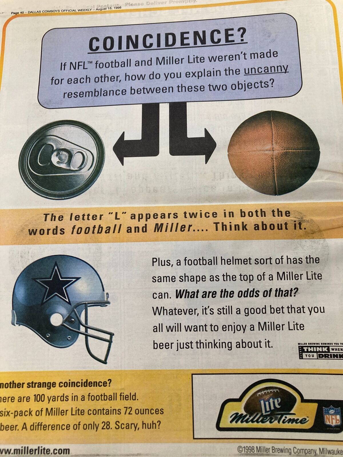 Dallas Cowboys Weekly Newspaper August 15 1998 Vol 24 #9 featuring a humorous comparison of NFL football and Miller Lite beer, highlighting their similar shapes in a creative layout.
