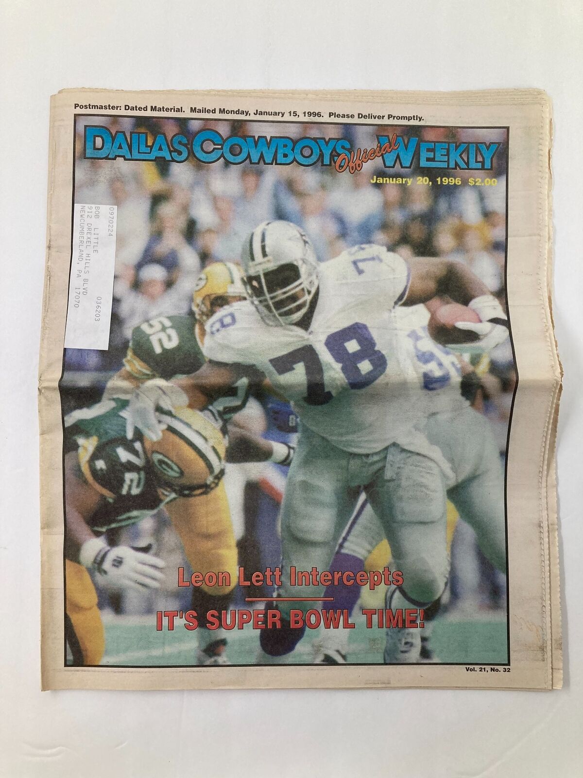 Dallas Cowboys Weekly Newspaper from January 20, 1996, Volume 21, Issue 32 featuring Leon Lett's interception. The cover highlights the excitement of Super Bowl time with visuals of the game.
