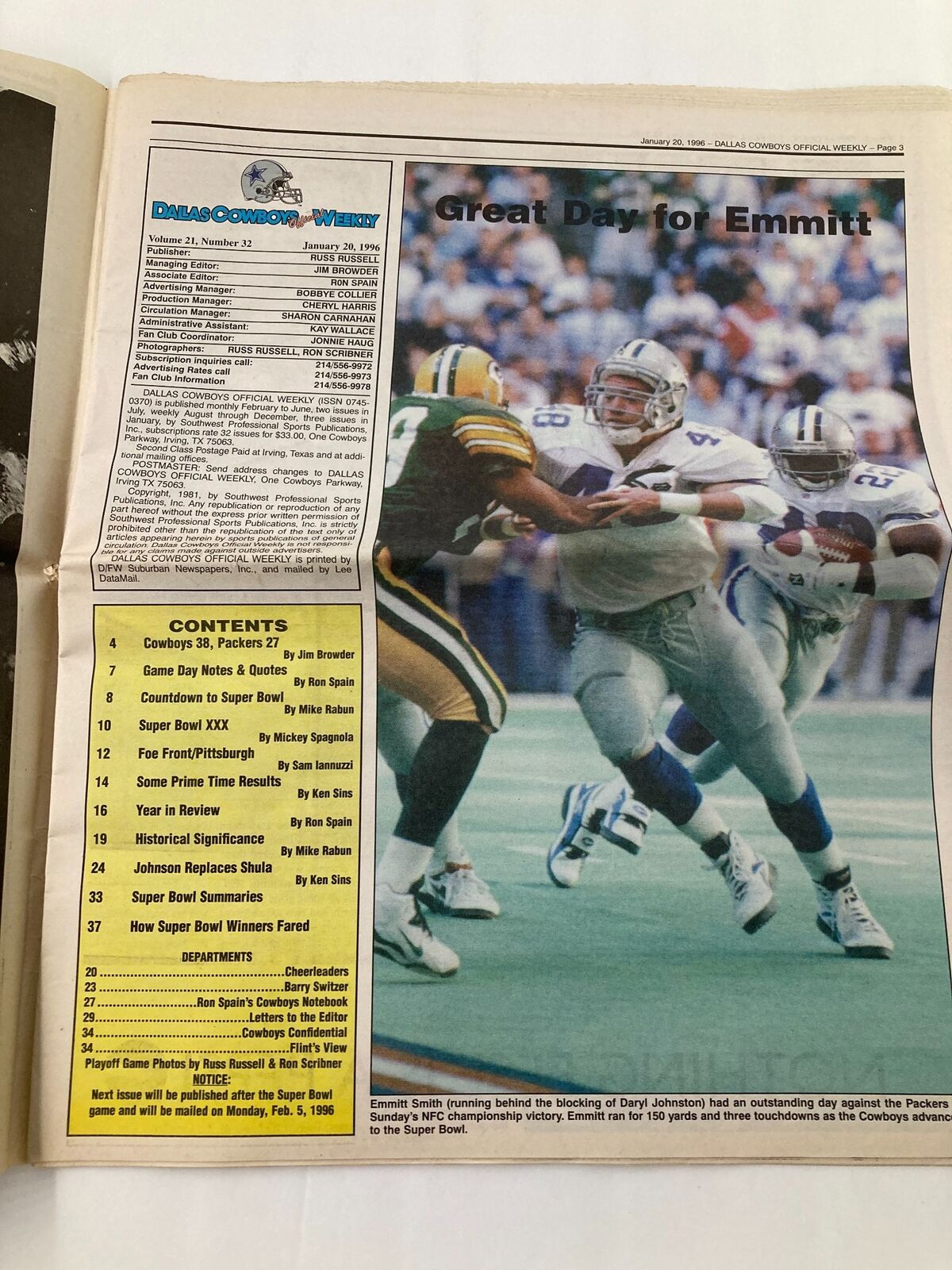 Dallas Cowboys Weekly Newspaper January 20 1996 Vol 21 #32 Leon Lett Intercepts featuring Emmitt Smith during the NFC championship game against the Green Bay Packers.