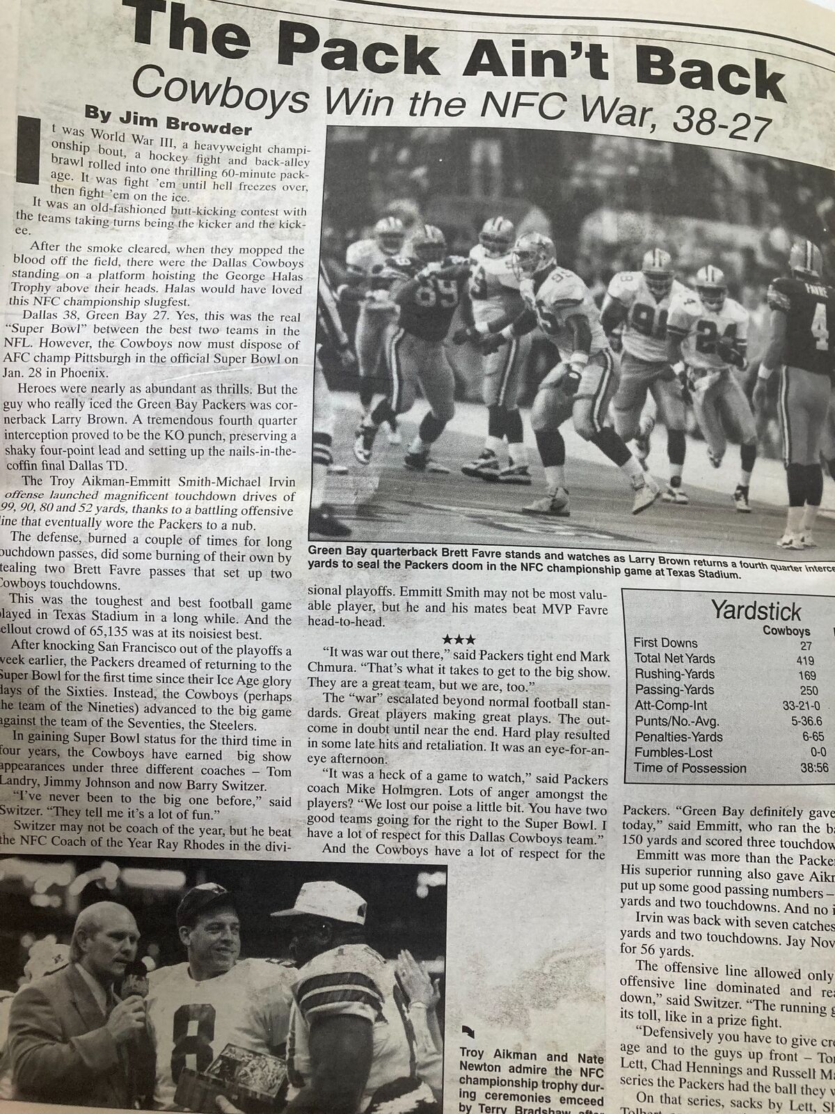 Dallas Cowboys Weekly Newspaper January 20 1996 Vol 21 #32 Leon Lett Intercepts showcasing the Cowboys' victory over the Packers in the NFC championship game.